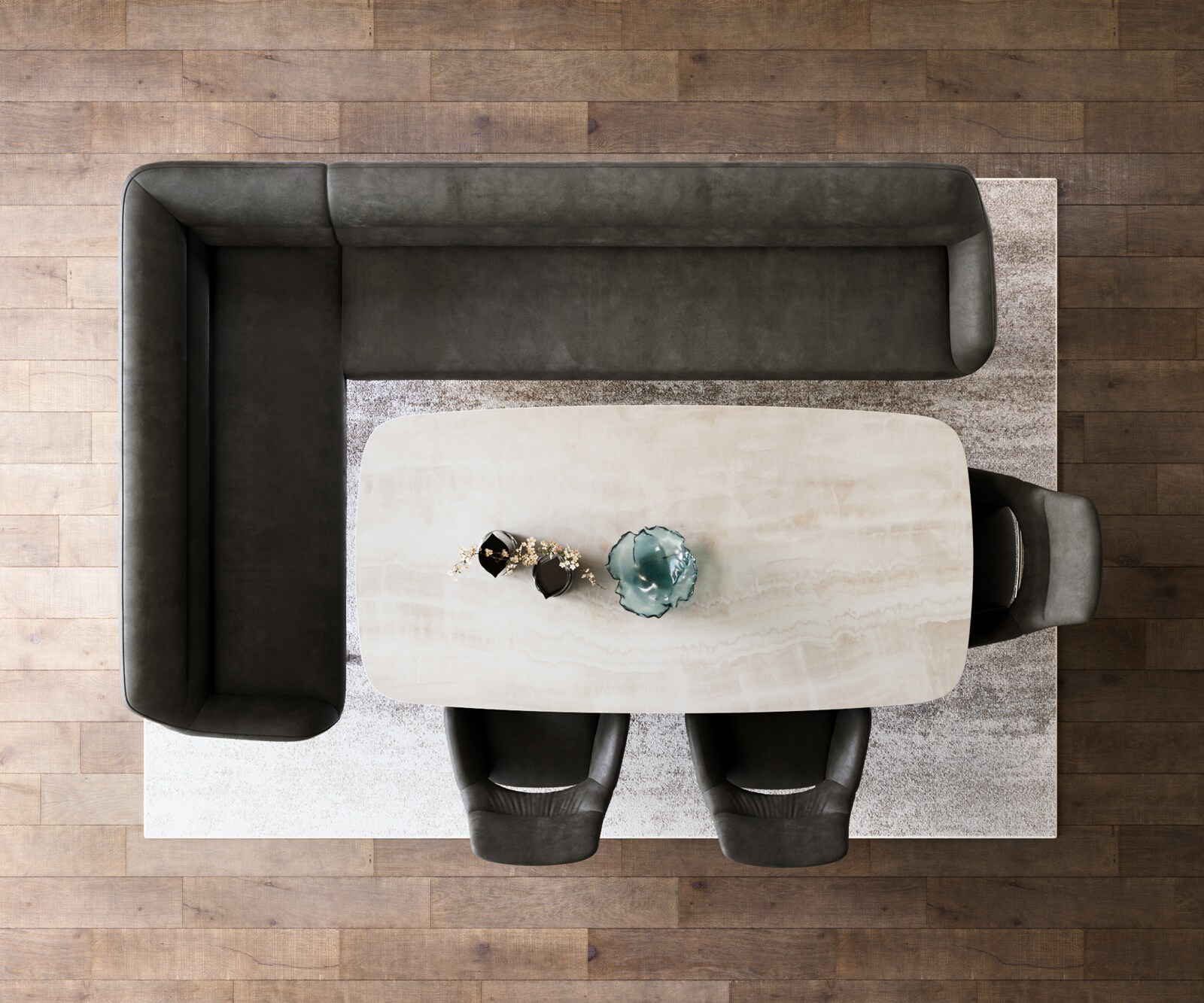 Eetkamerbank Taya-Flex 285x190 cm microvelours anthraciet vintage hoekig kruisframe roestvrij staal pocketvering links 6