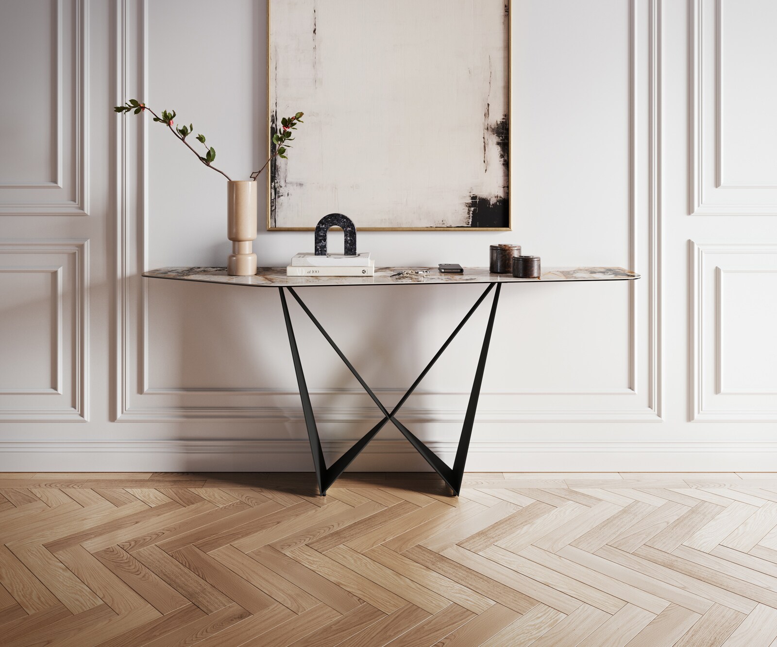 Consoletafel Edge Polygonaal 180x50 cm Keramiek Patagonia Poliert Spios Metaal Zwart 4