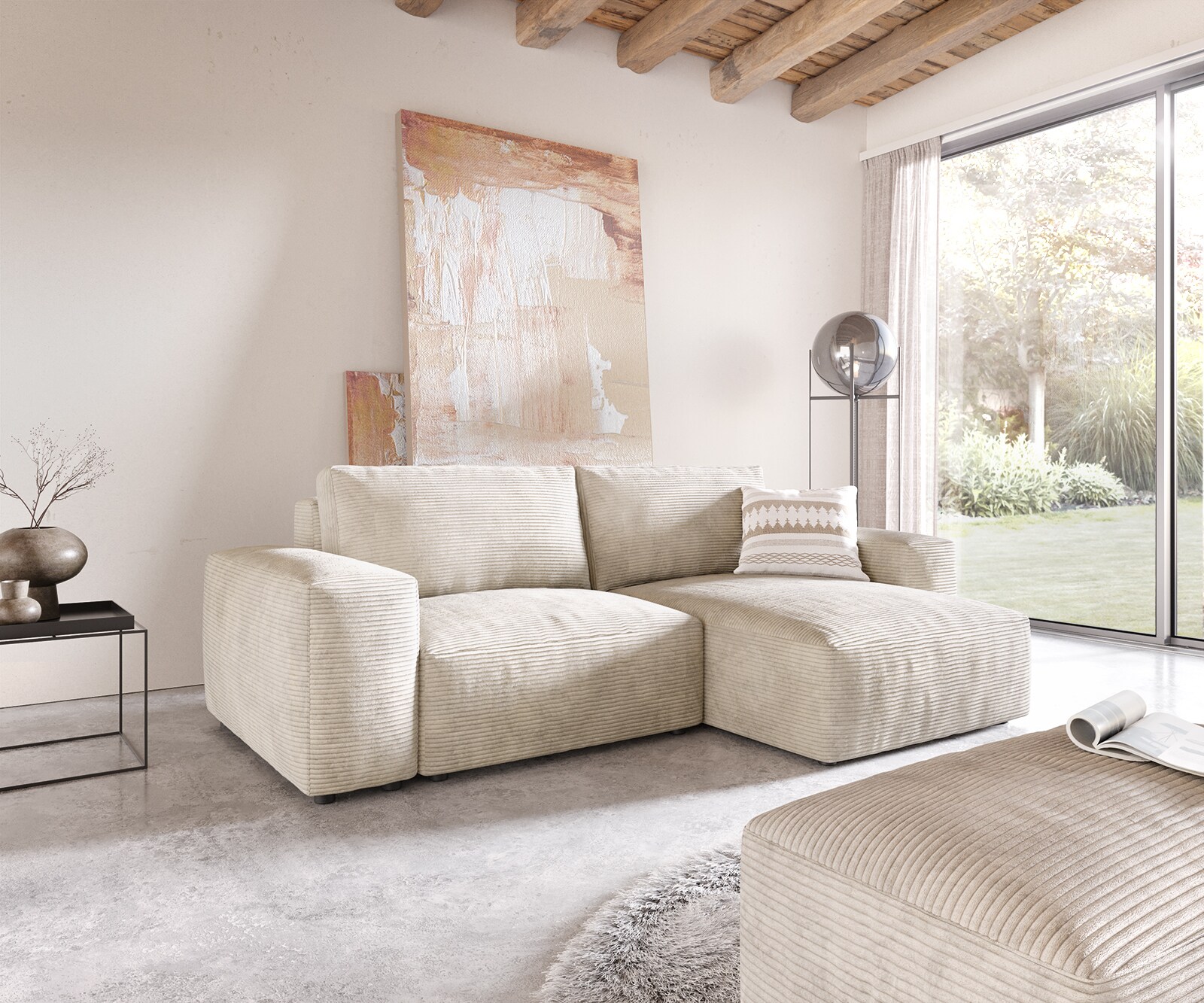 Hoeksofa Lanzo 230x155 cm ribcord beige met variabele recamière en hocker