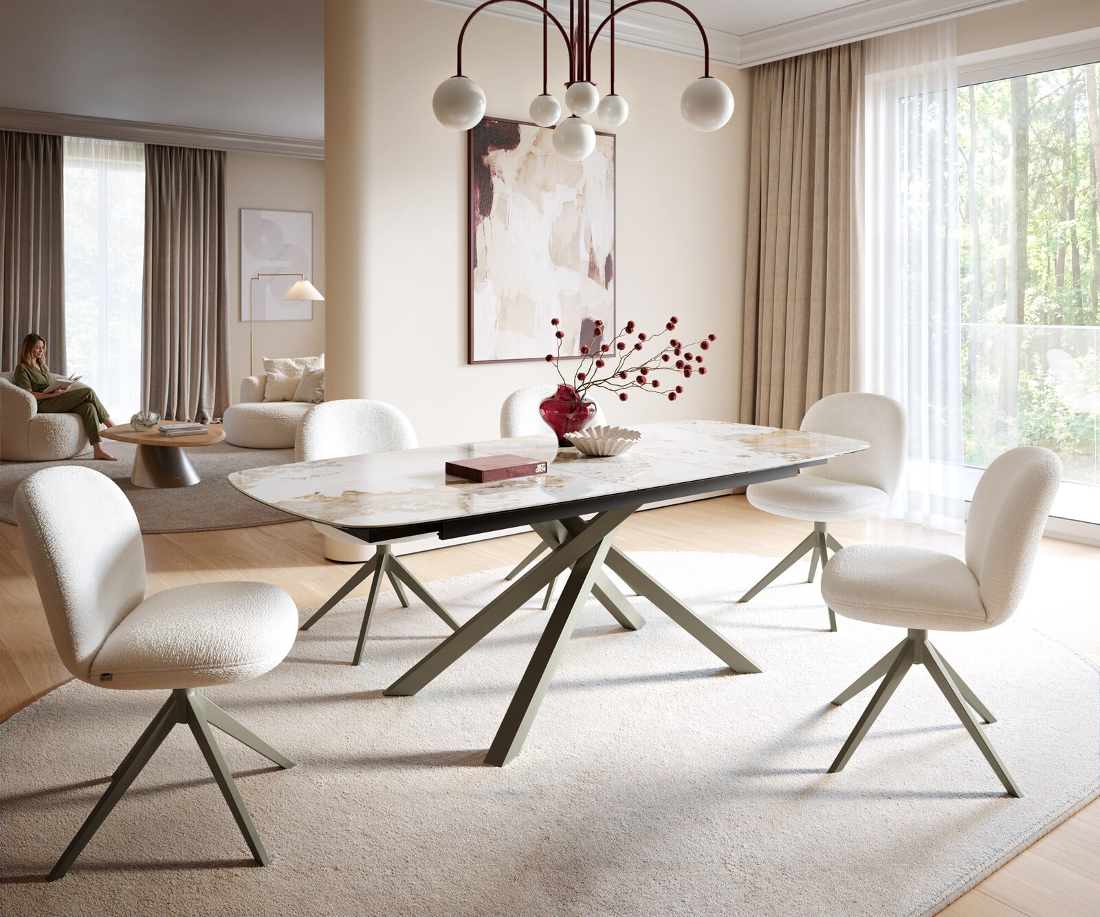 Eettafel Edge Boot 180-220x100 cm Keramiek Minas Melange Wit-Beige kruisonderstel Rechthoek Effectafwerking Titan uitschuifbaar 1