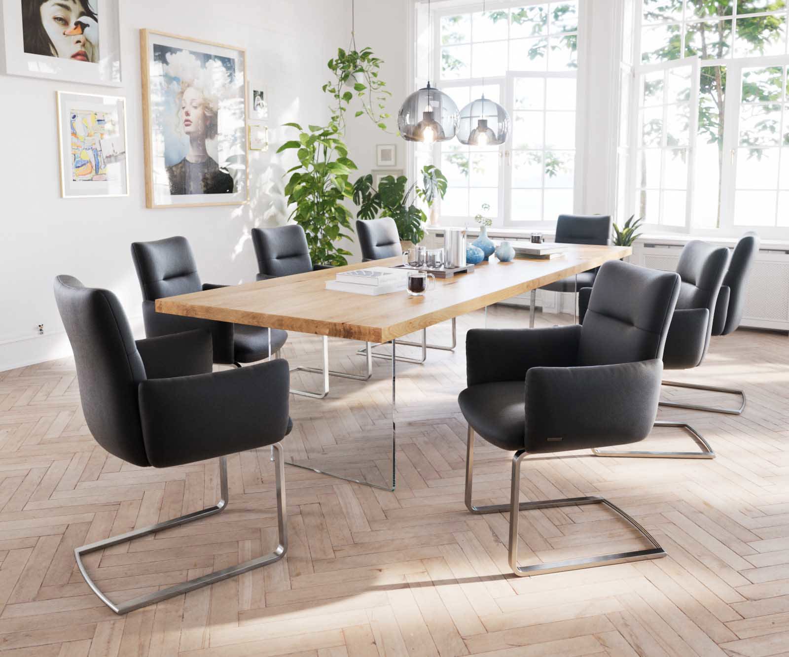 Sledemodel Jova-Flex met armleuning echt leer zwart sledemodel vlak roestvrij staal pocketveer kern 4 Sledemodel Jova-Flex met armleuning echt leer zwart sledemodel vlak roestvrij staal pocketveer kern 4