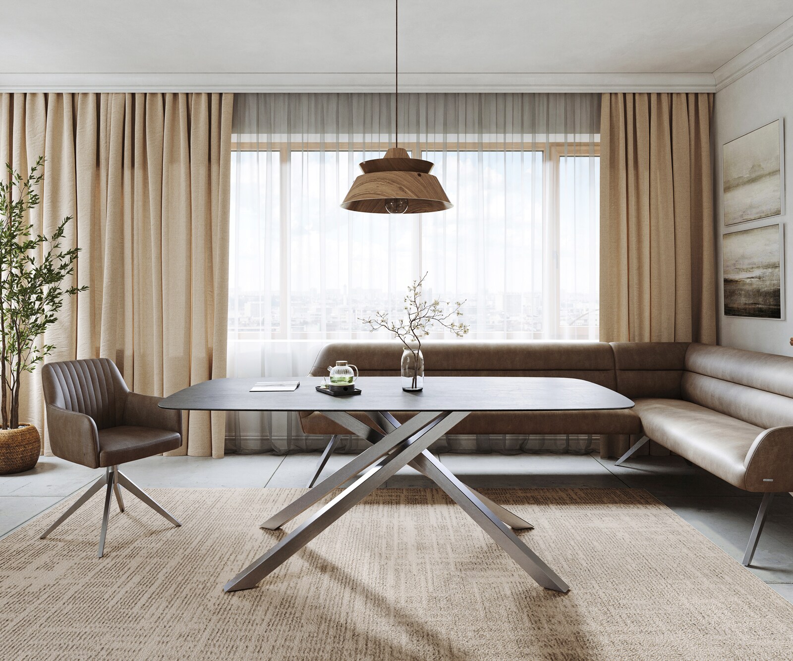 Eettafel Edge boot 200x100 cm keramiek beton grijs kruisframe rechthoekig roestvrij staal 1