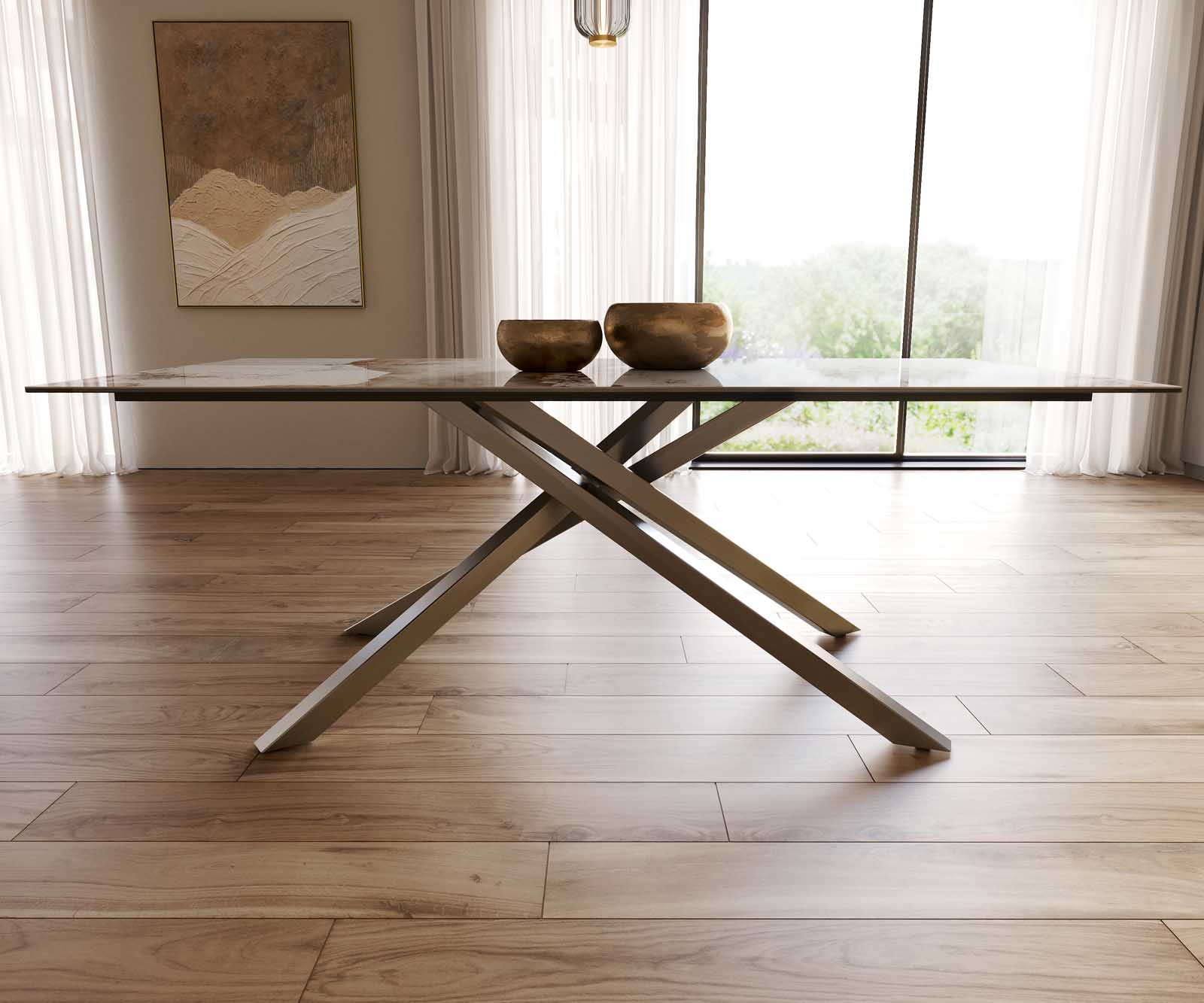 Eetkamertafel Edge 200x100 keramiek Minas Melange wit-beige kruisframe rechthoek RVS 8