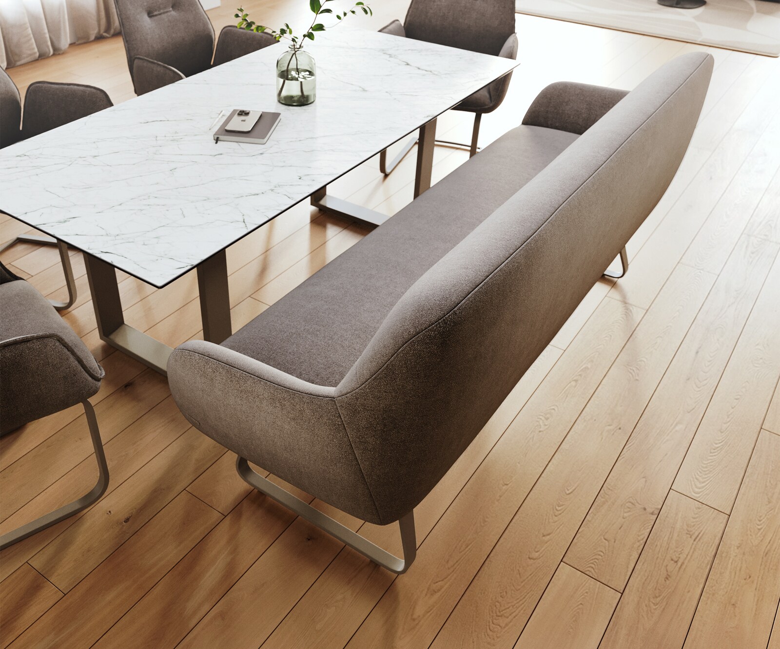 Eetkamerbank Taya-Flex 200 cm zachte stof met structuur taupe platte sledebasis afwerking met titaniumeffect pocketvering 4