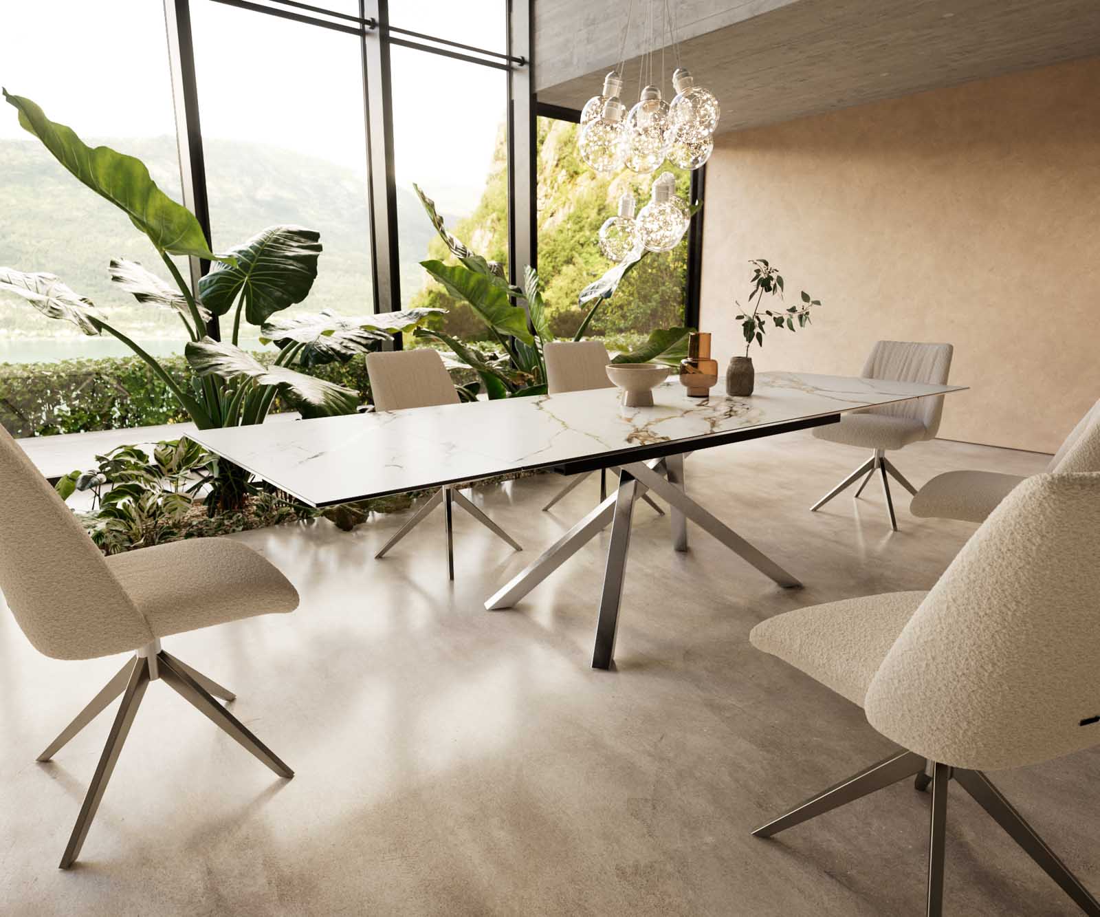 Eetkamertafel Edge 200-300x100 keramiek Calacatta Luxe wit-goud-grijs kruisframe rechthoek RVS uitschuifbaar