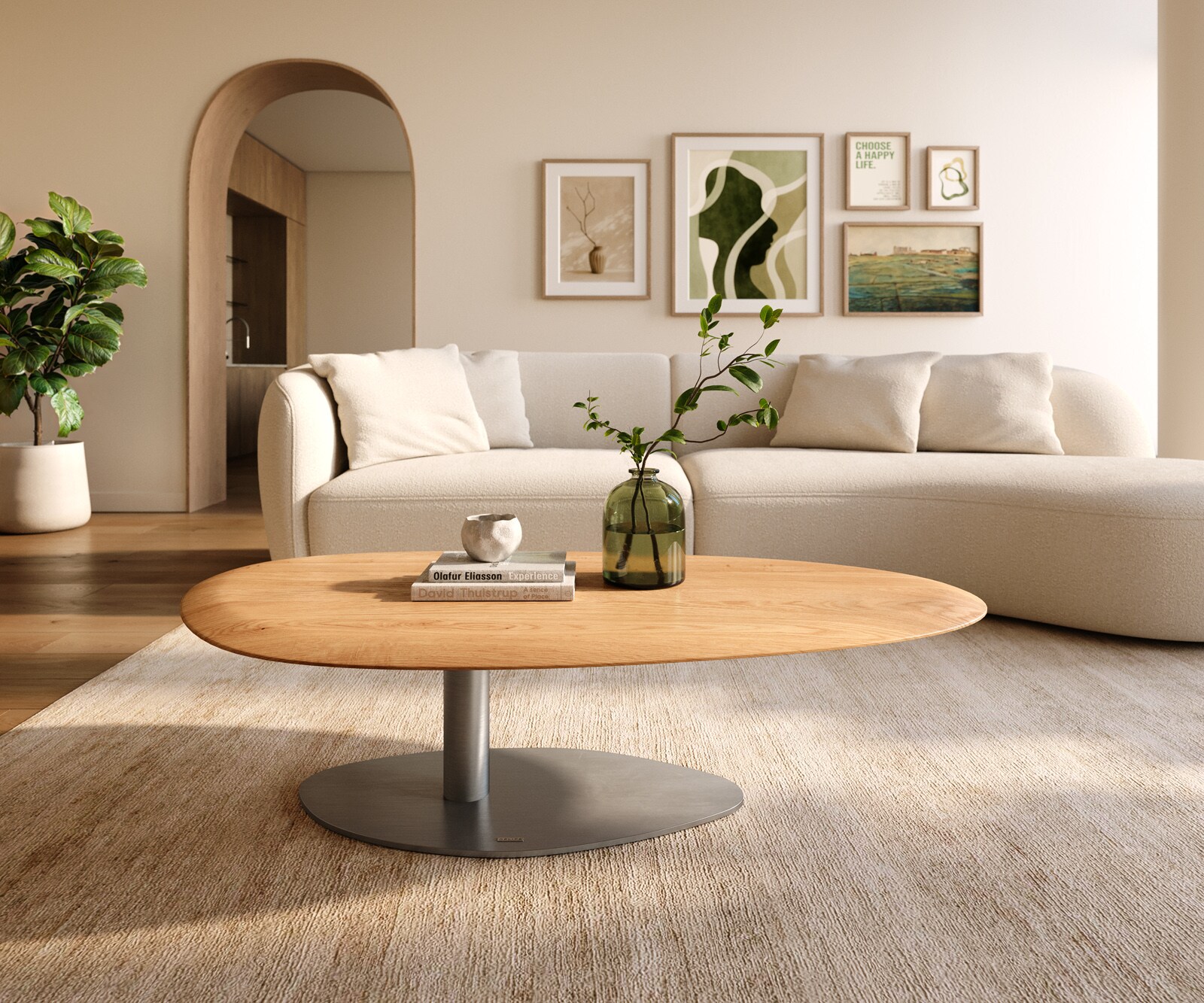 Salontafel Edge Oval 140x75 cm Eiken Naturel ronde rand Vibany geborsteld roestvrij staal 1