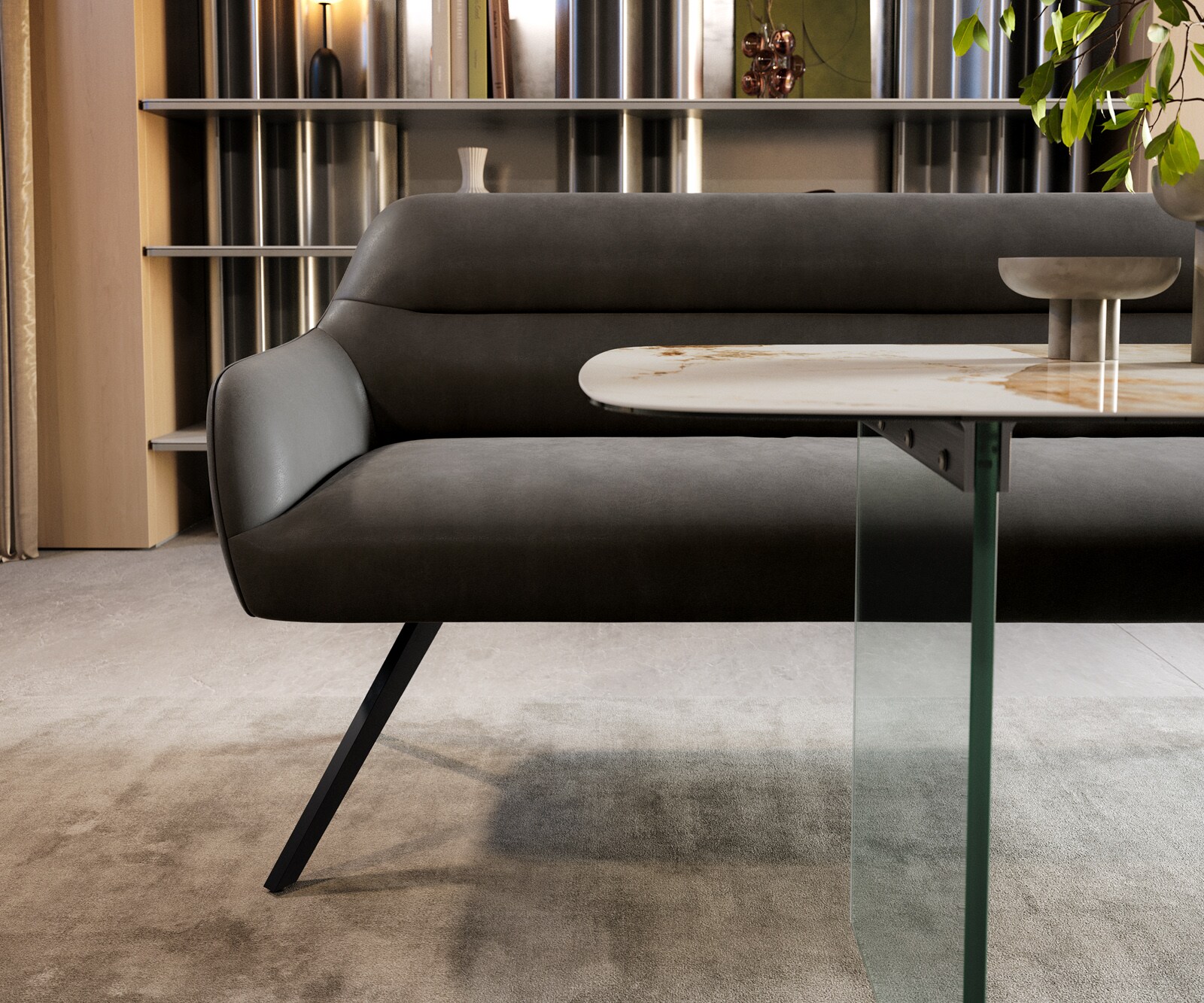 Eetkamerbank Taya-Flex 200 cm microvelours anthraciet vintage hoekig kruisframe zwart pocketvering 1