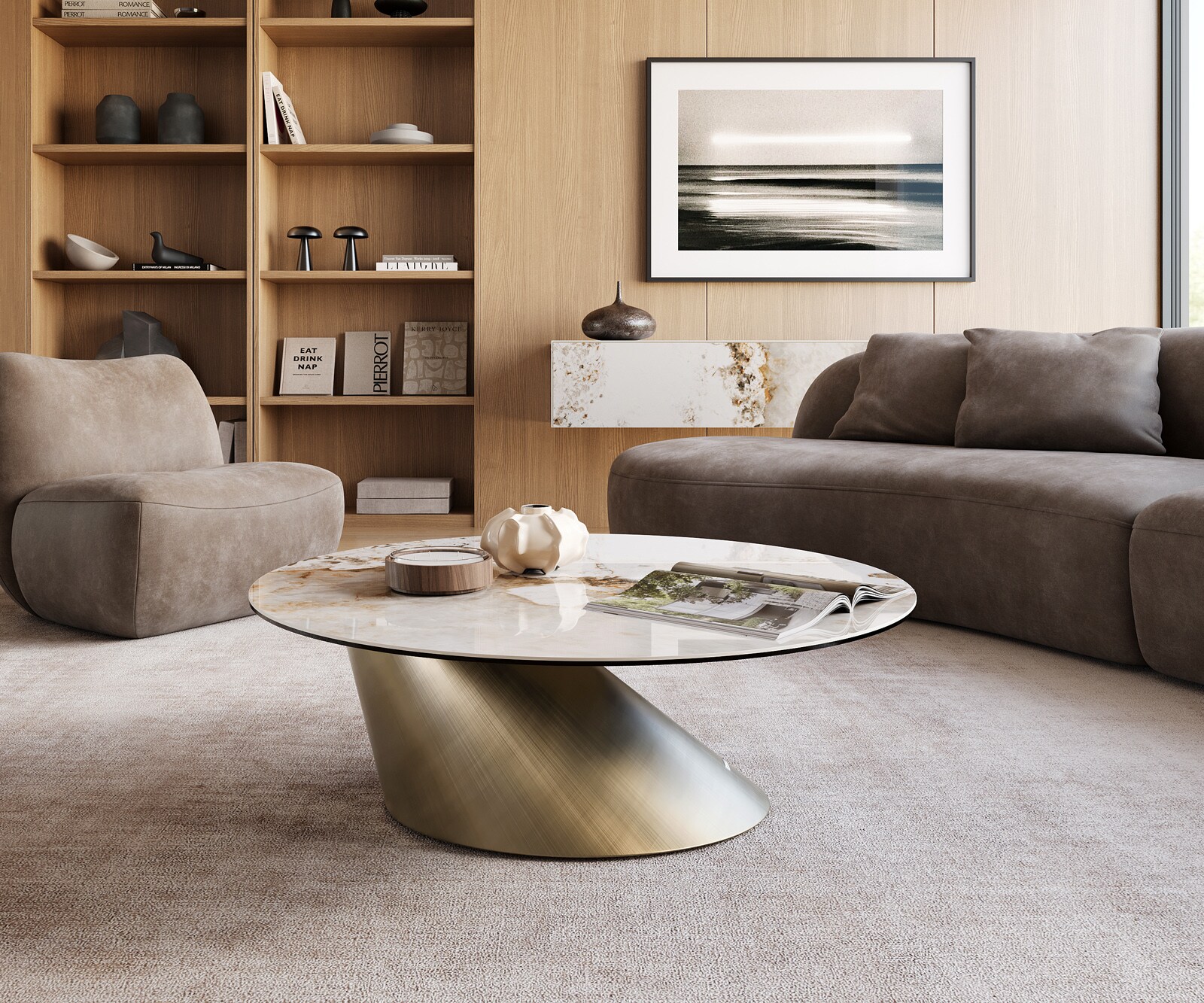Salontafel Edge rond 100x100 cm keramiek Minas Melange Conis metallic goud 1