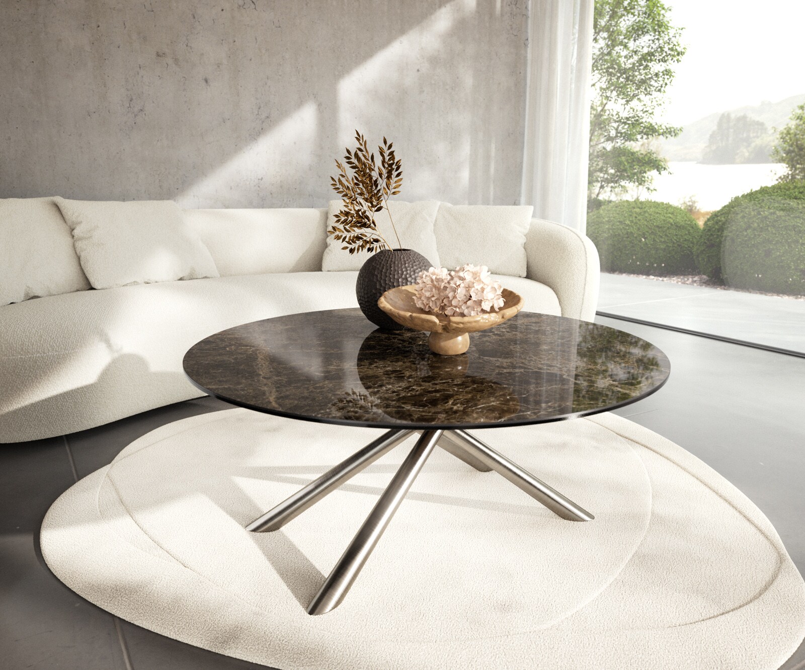 Salontafel Edge rond 100x100 cm keramiek Laminam® Emperador Extra Lucidato donkerbruin Sarity geborsteld roestvrij staal