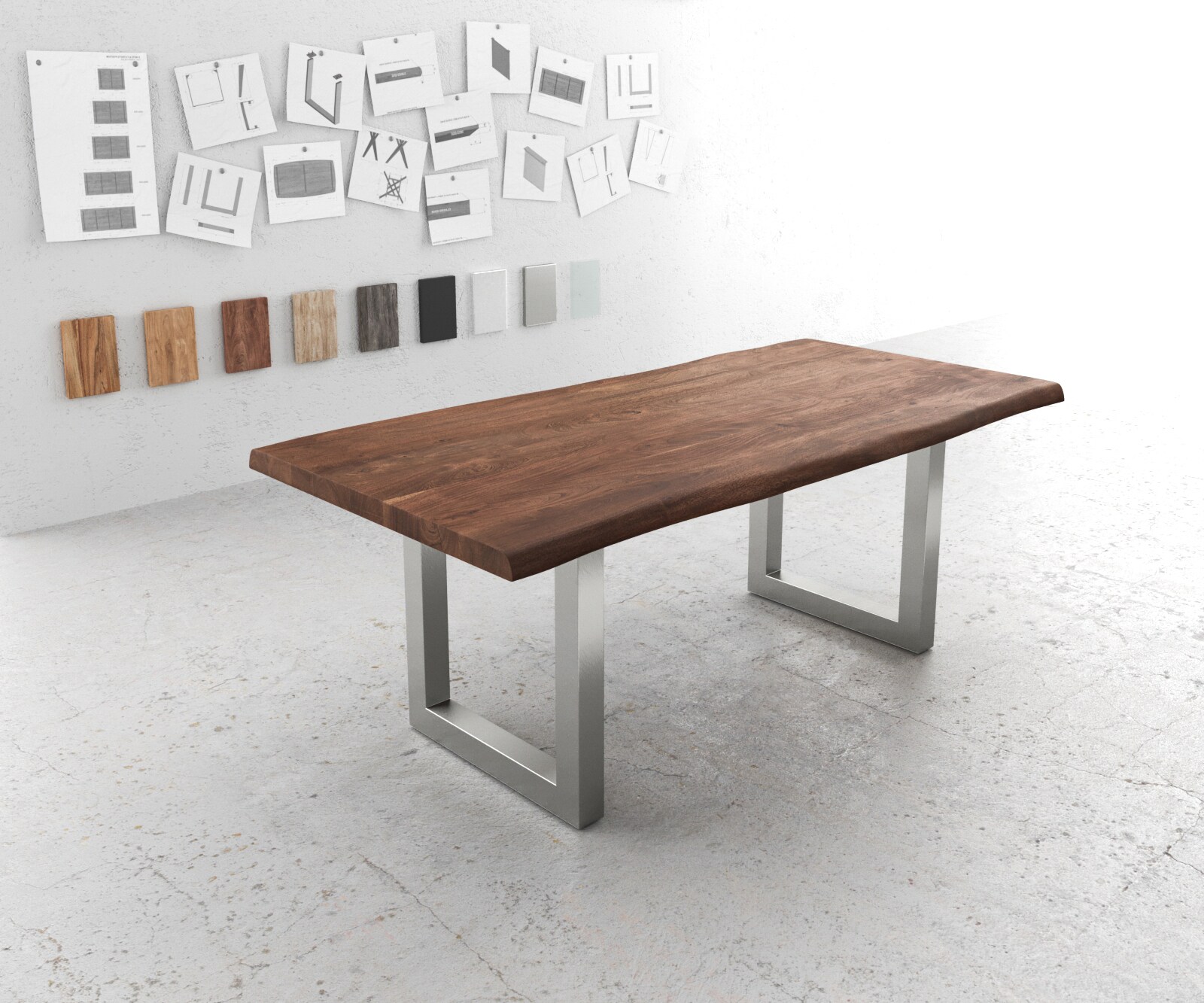 Eettafel Edge 200x100 XL acacia bruin roestvrijstaal breed Live-Edge 1
