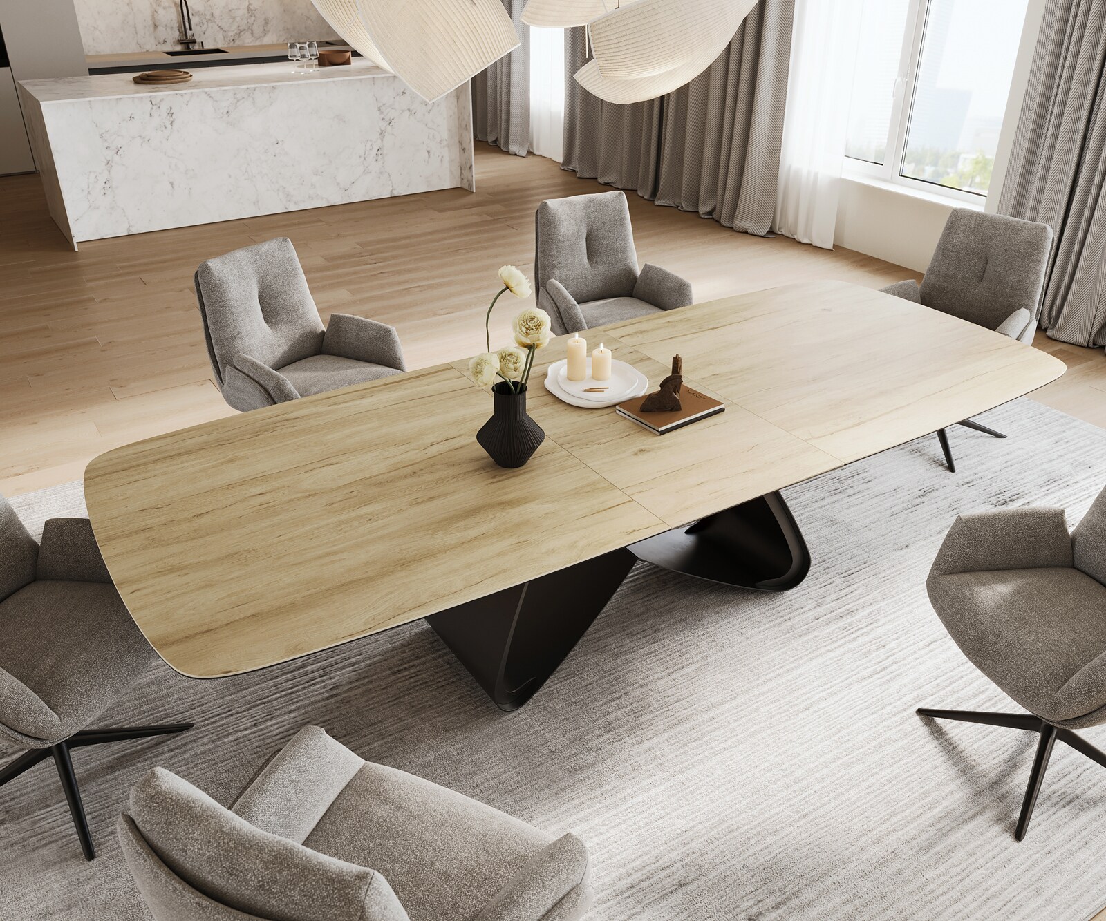 Eettafel Edge Boot 240-300x120 cm Keramiek Laminam® Sabbia Eichefarbig W-onderstel Zwart uitschuifbaar 4