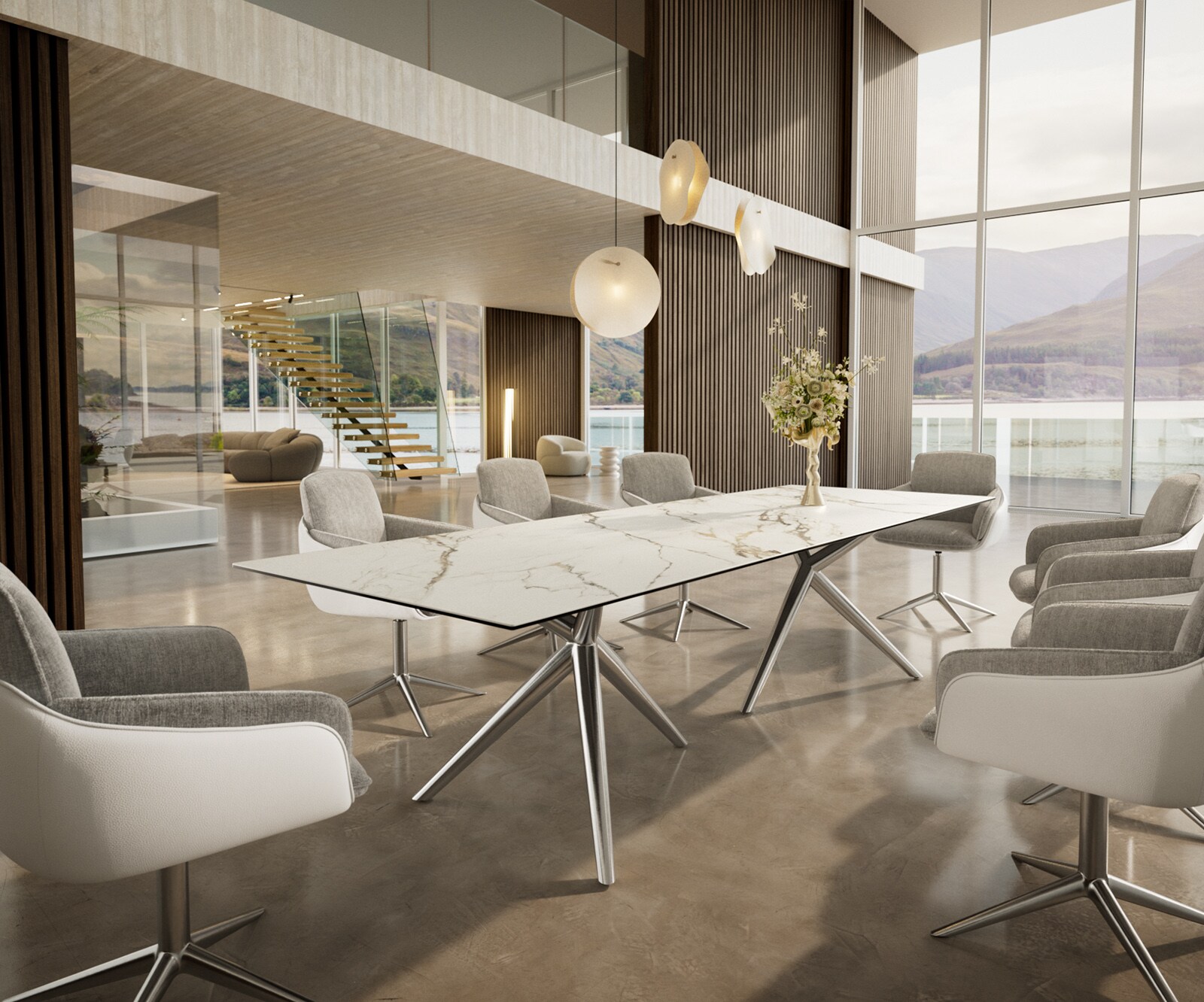 Eetkamertafel Edge 300x100 keramiek Calacatta Luxe wit-Gold-grijs Estelar rond  roestvrij staal 5