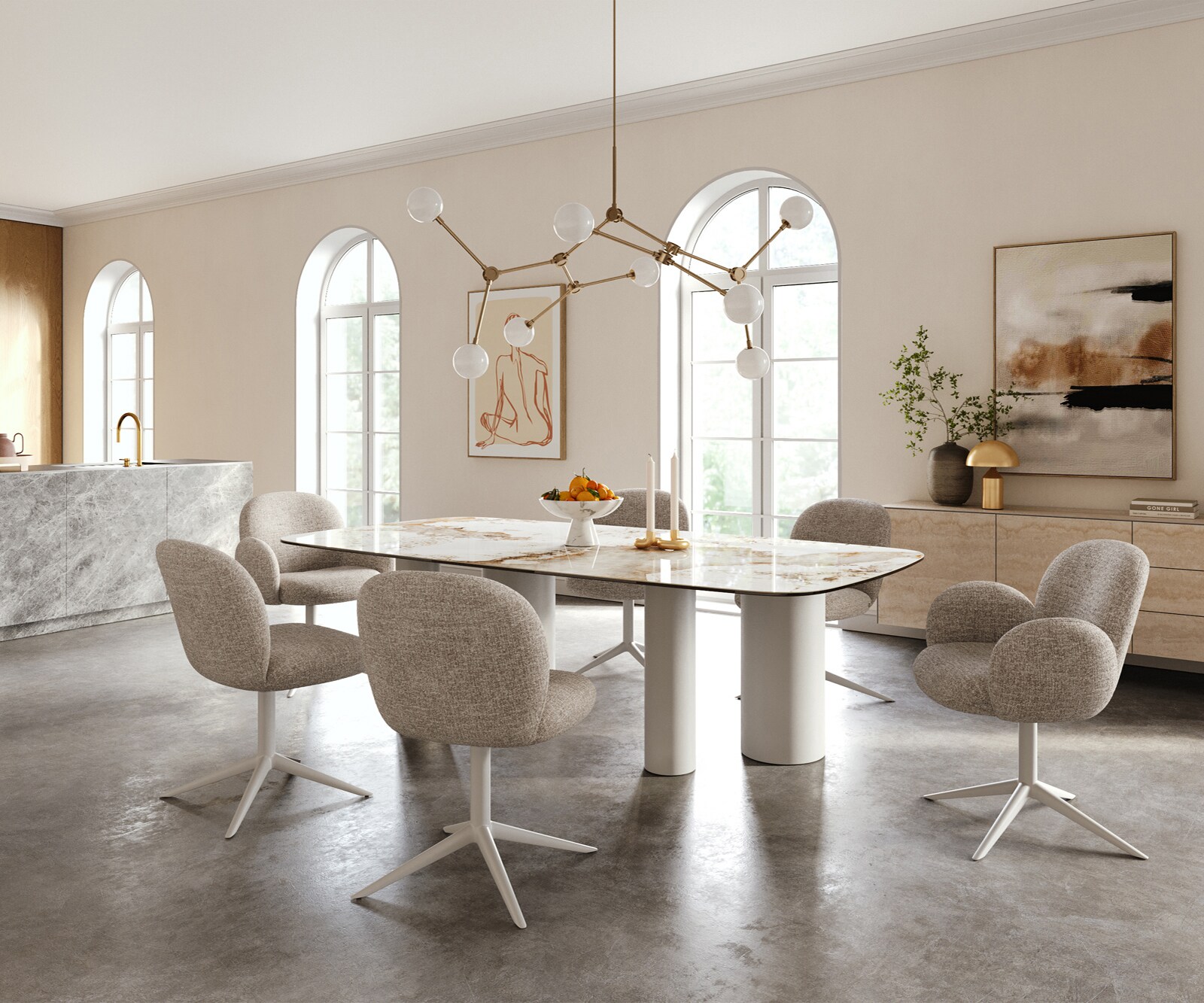 Eettafel Edge Boot 240x120 cm Keramiek Minas Melange Wit-Beige Pilier Metaal Wit 6