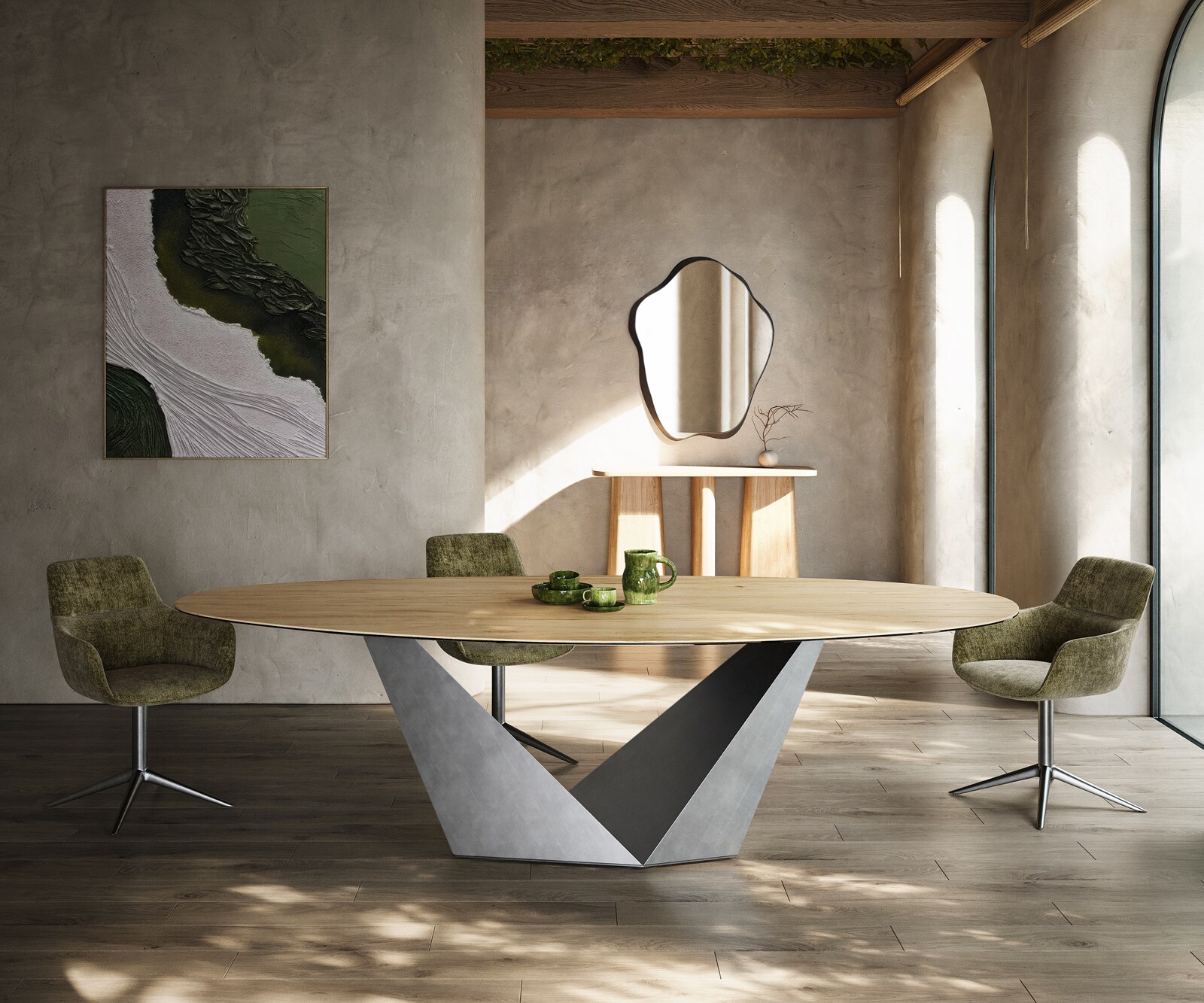 Eettafel Edge Oval 280x130 keramiek  Laminam® Sabbia Eichefarbig Prisma metaal zilver 1