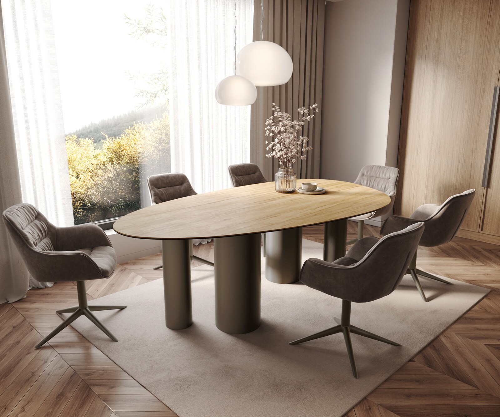 Eetkamertafel Edge ovaal 220x120 keramiek Laminam® Sabbia eiken kleur Pilier metaal effectafwerking titaan 6