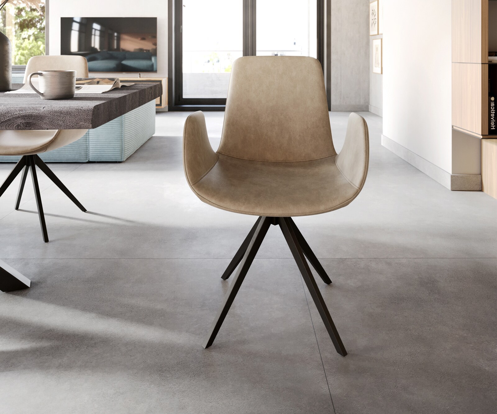 Eetkamerstoel Ilia-Flex met armleuning microvelours beige vintage kruisframe hoekig zwart 1 Eetkamerstoel Ilia-Flex met armleuning microvelours beige vintage kruisframe hoekig zwart 1
