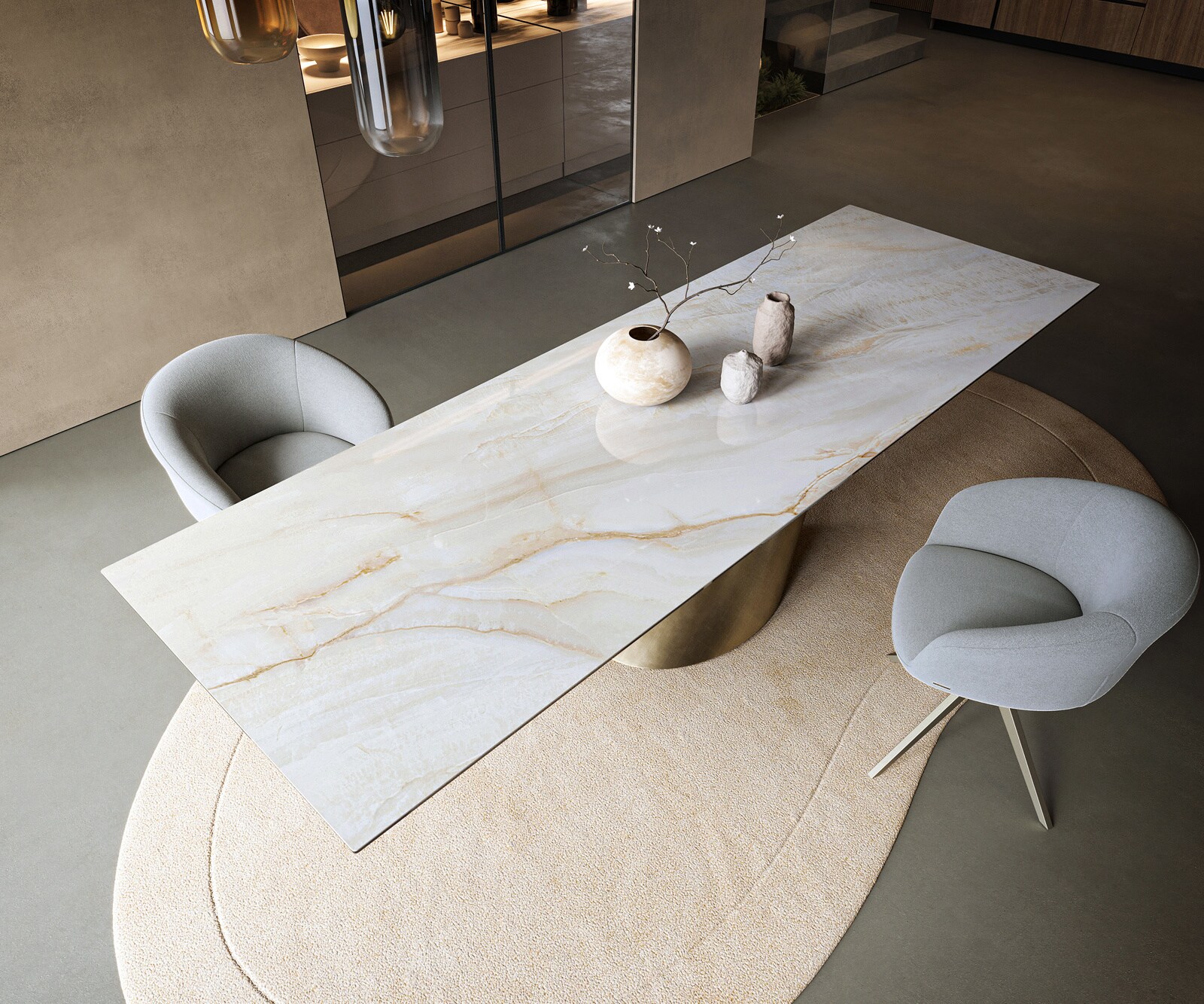 Eettafel Edge 300x100 cm keramiek Onyx Pearl Cono metallic goud 3
