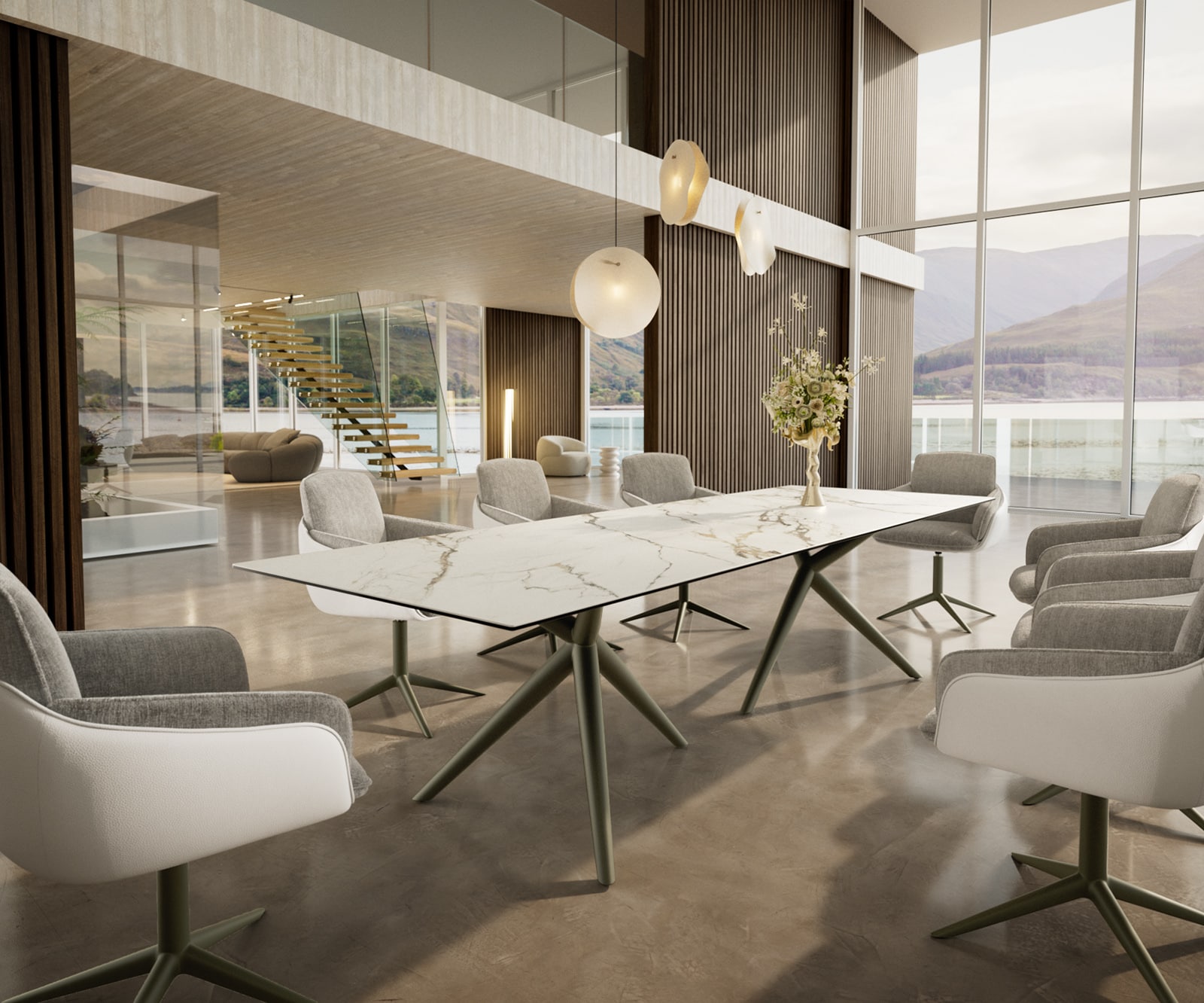 Eetkamertafel Edge 300x100 keramiek Calacatta Luxe wit-Gold-grijs Estelar rond  metaal effectafwerking titaan 5 Eetkamertafel Edge 300x100 keramiek Calacatta Luxe wit-Gold-grijs Estelar rond  metaal effectafwerking titaan 5