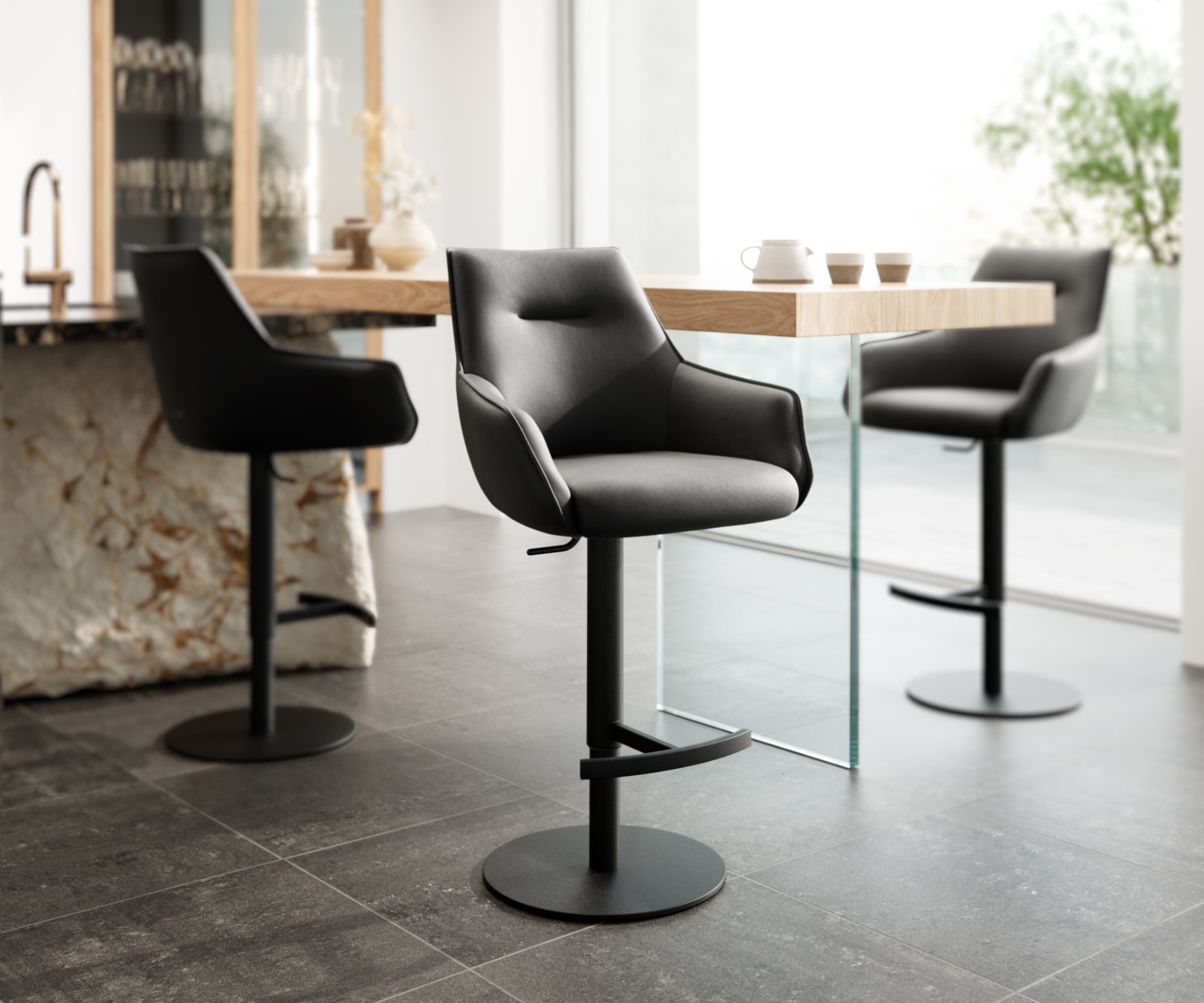 Barstoel Alja-Flex Volledig leer Zwart Draaivoet in hoogte verstelbaar Metaal Zwart Draaibaar pocketvering Barstoel Alja-Flex Volledig leer Zwart Draaivoet in hoogte verstelbaar Metaal Zwart Draaibaar pocketvering