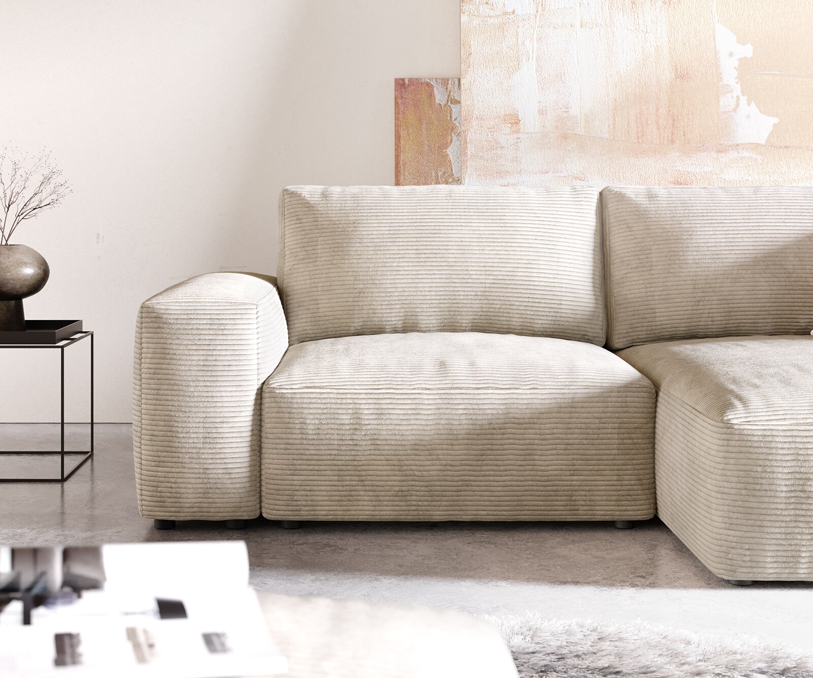 Hoeksofa Lanzo 230x155 cm ribcord beige met variabele recamière en hocker 4
