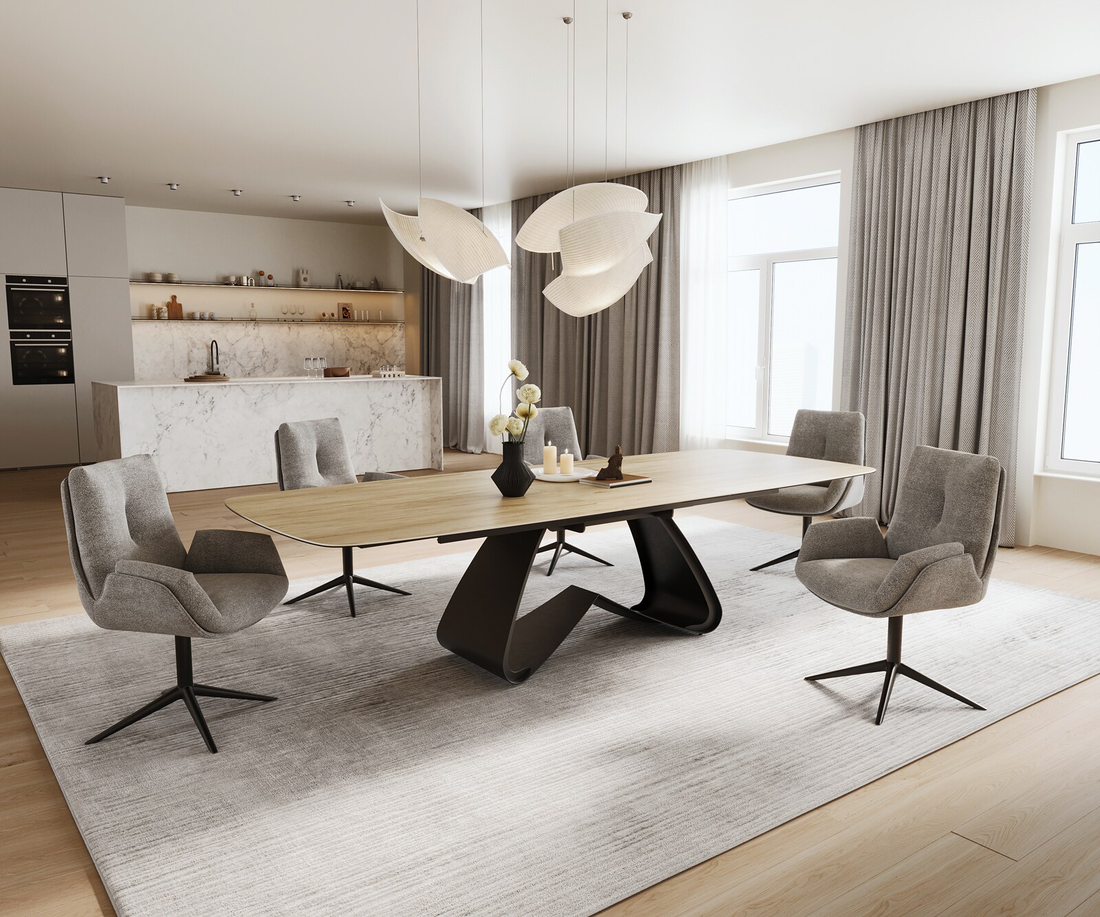 Eettafel Edge Boot 240-300x120 cm Keramiek Laminam® Sabbia Eichefarbig W-onderstel Zwart uitschuifbaar 7