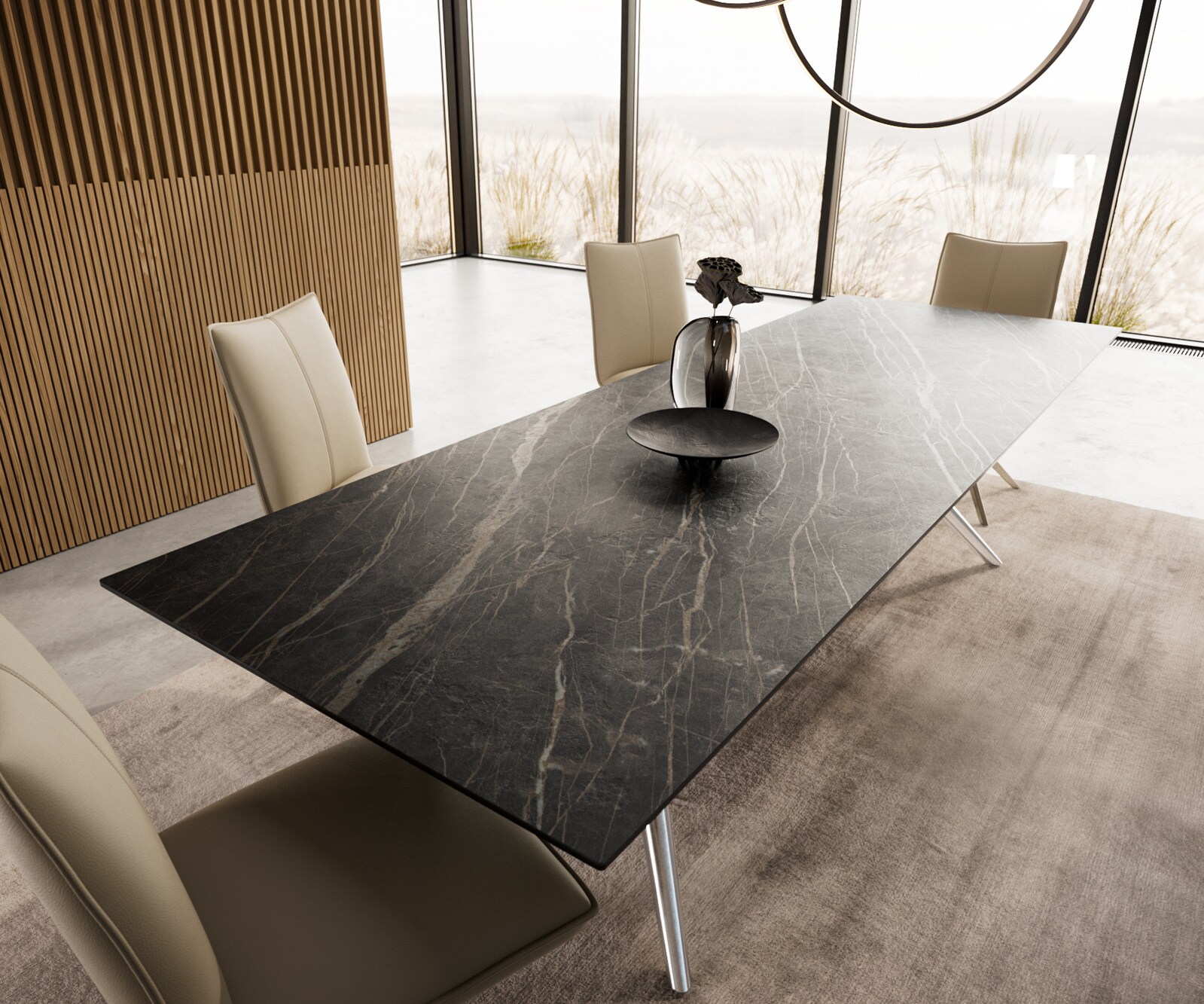 Eetkamertafel Edge 300x100 keramiek Laminam®Noir Desir bruin Estelar rond  roestvrij staal 3
