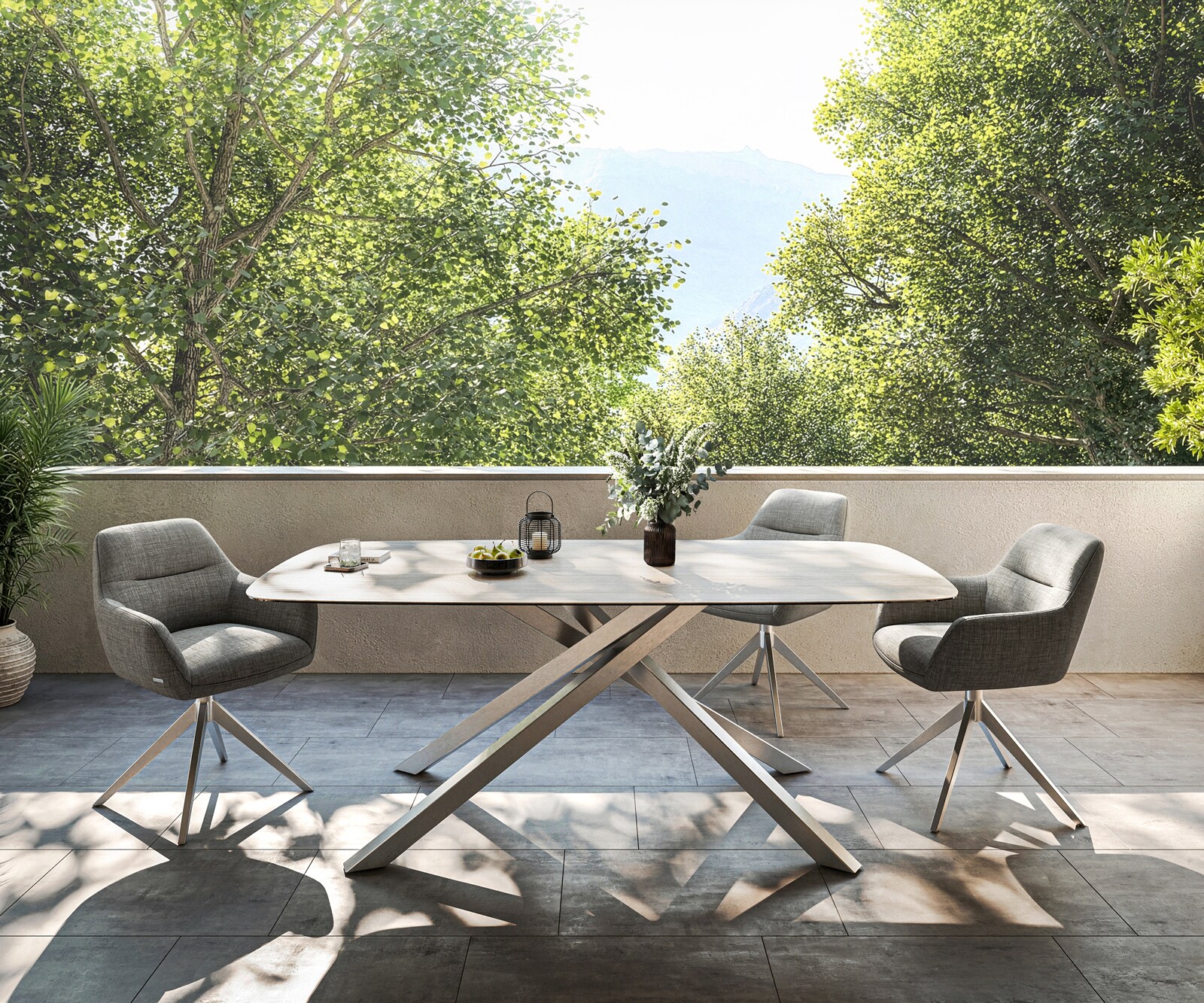 Outdoortafel Edge Boot 200x100 cm keramiek Laminam® Travertino Bianco crème-wit kruispoot rechthoekig roestvrij staal 1