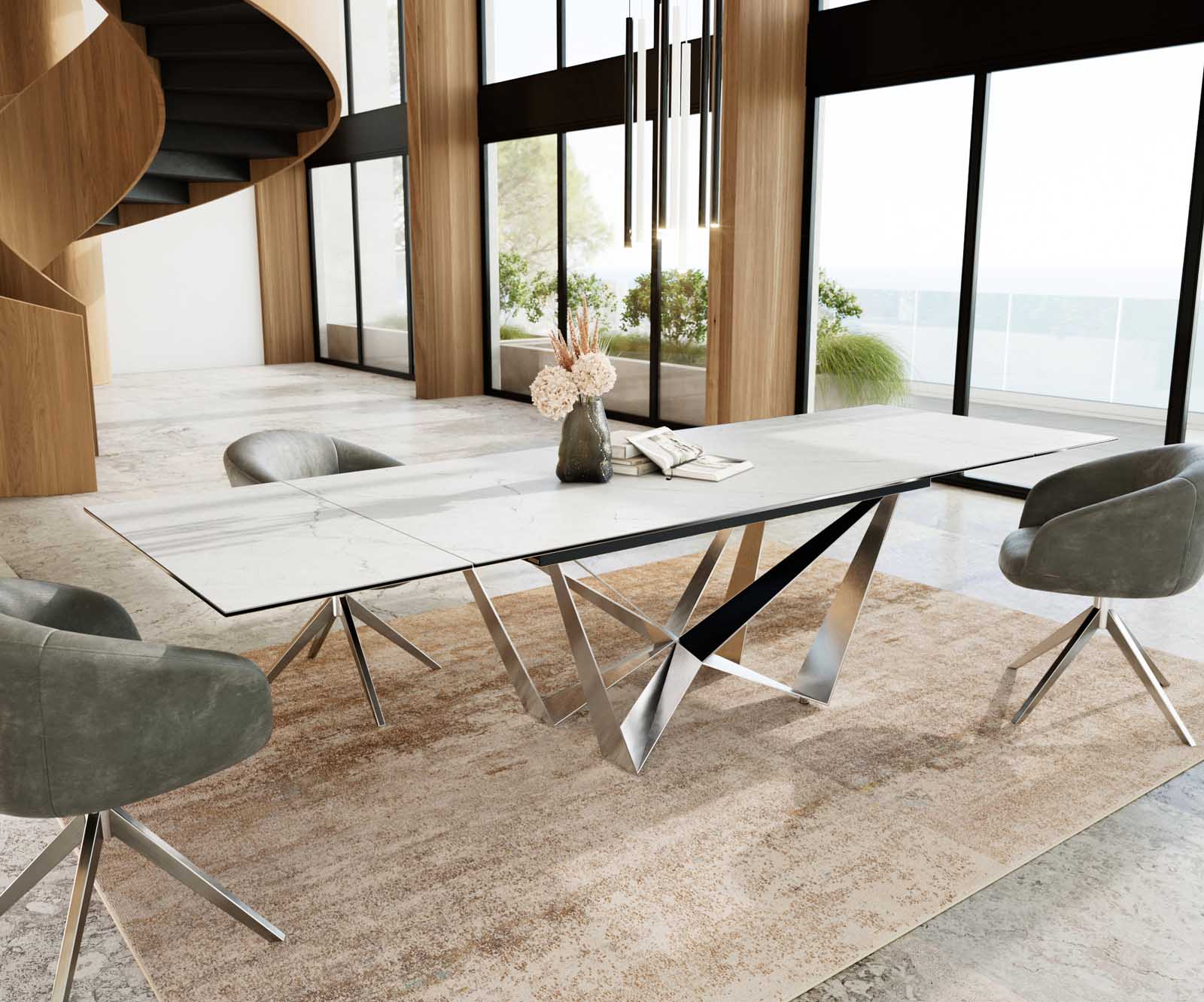 Eetkamertafel Edge 200-300x100 keramiek Laminam®Statuarietto Weiß spider vlak staal RVS uitschuifbaar 8