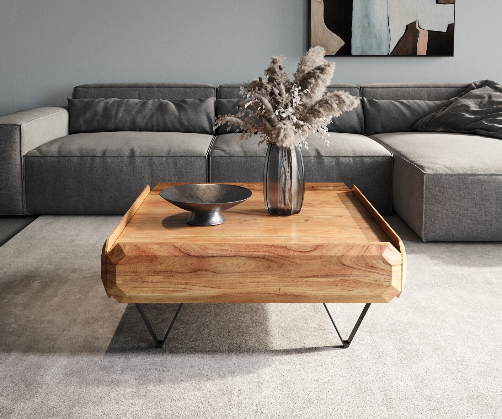 Salontafel Kiano 90x90 cm Acacia Natuur 2 Laden V-voet Zwart 1