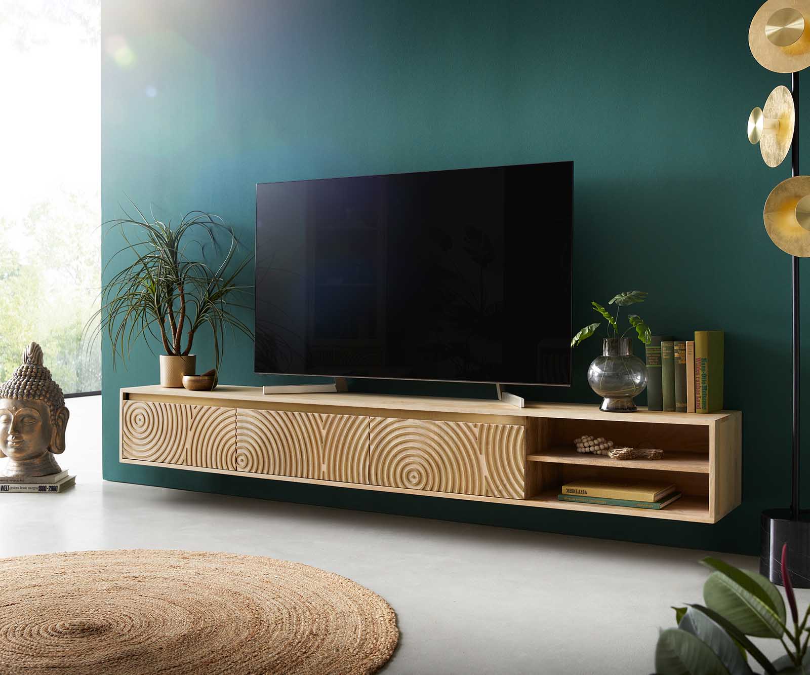 Tv-meubel Budaya 220 cm mango natuur 3 deurs zwevend