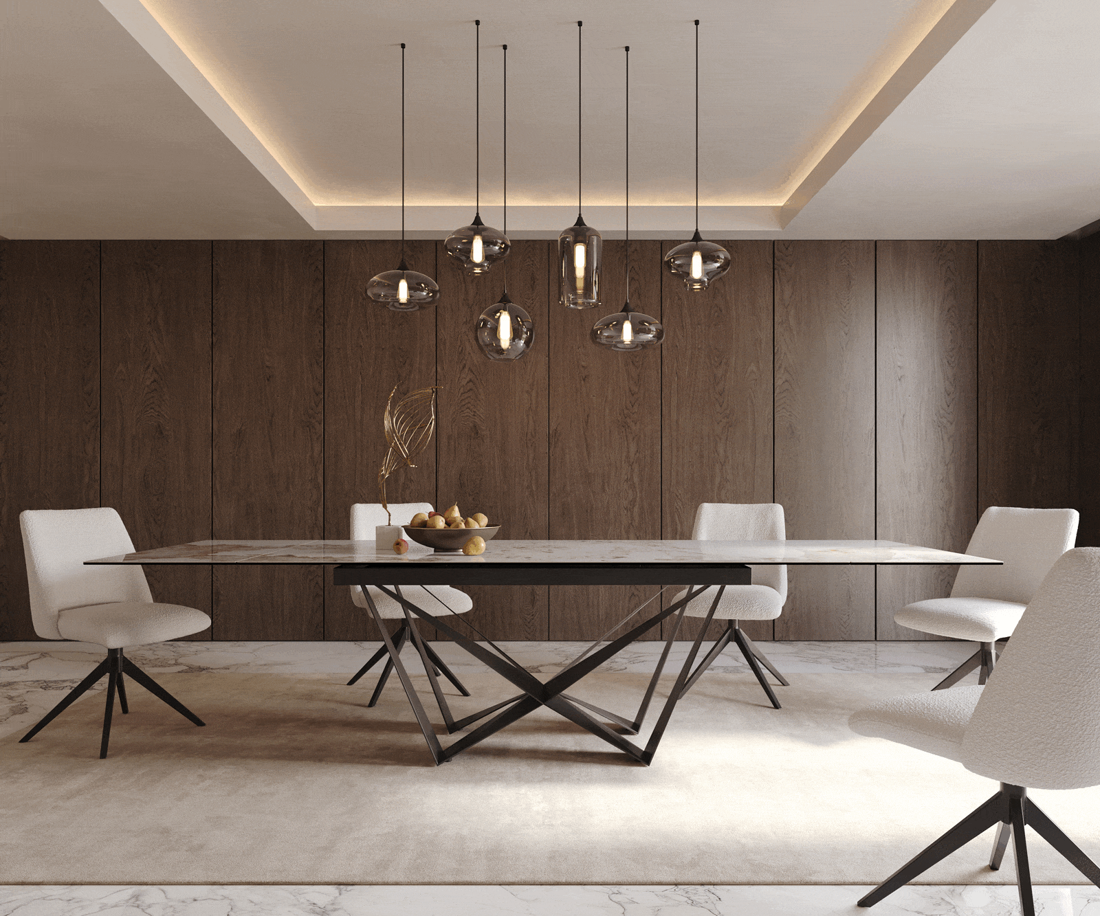 Eetkamertafel Edge 200-300x100 keramiek Minas Melange wit-beige spider vlak staal zwart uitschuifbaar 1