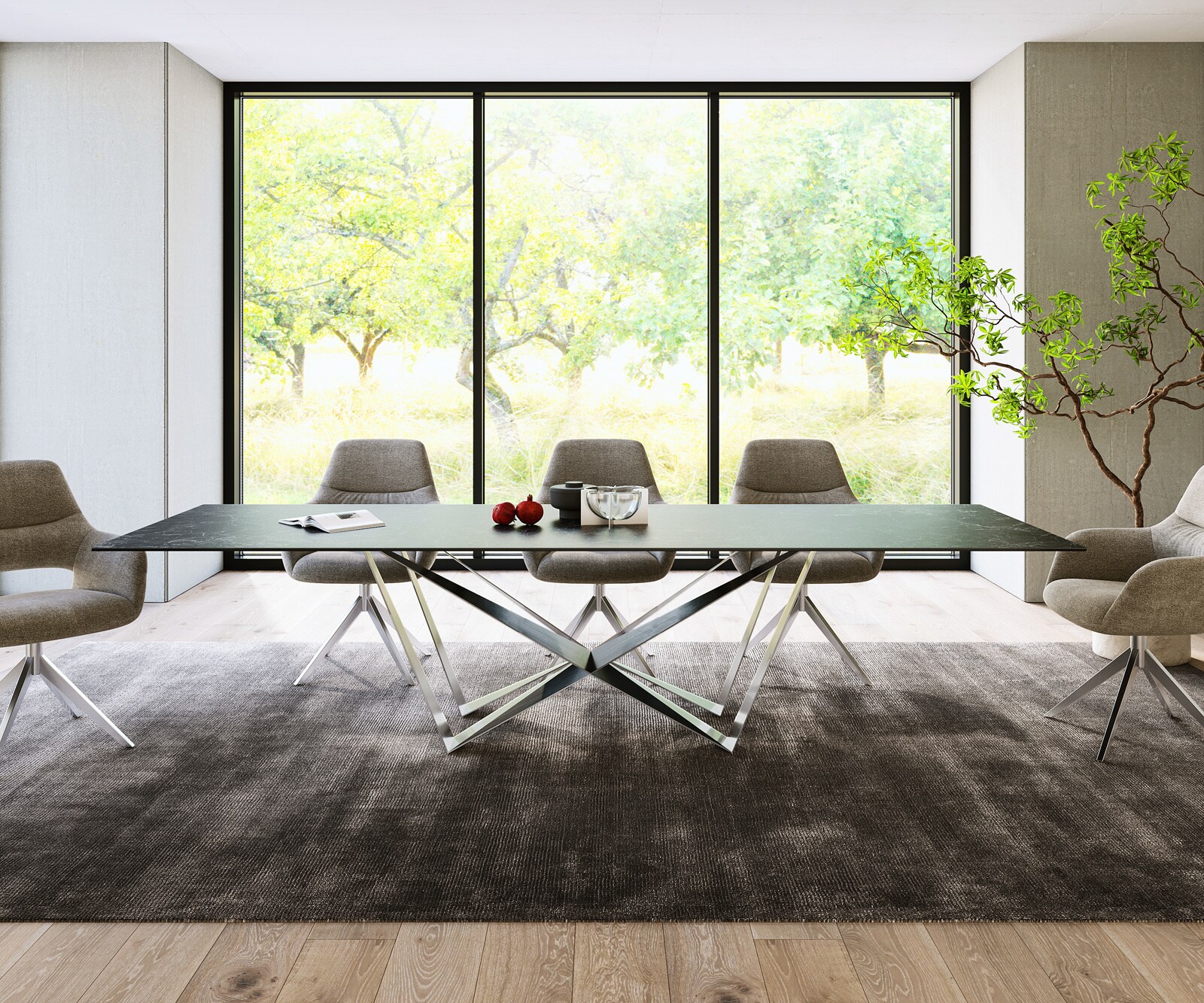 Eettafel Edge 300x100cm Laminam® keramiek grijs middenpoot vlak staal zilver 1