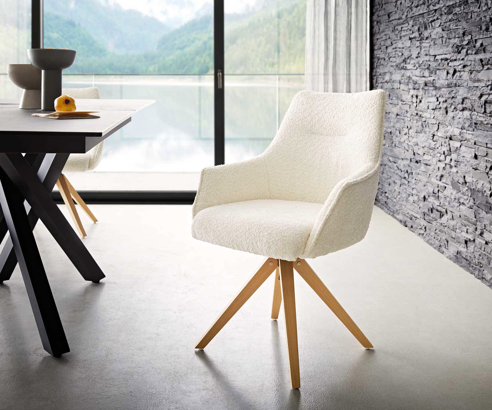 Draaistoel Alja-Flex met armleuning bouclé wit houten frame hoekig natuur 180° draaibaar pocketveer kern