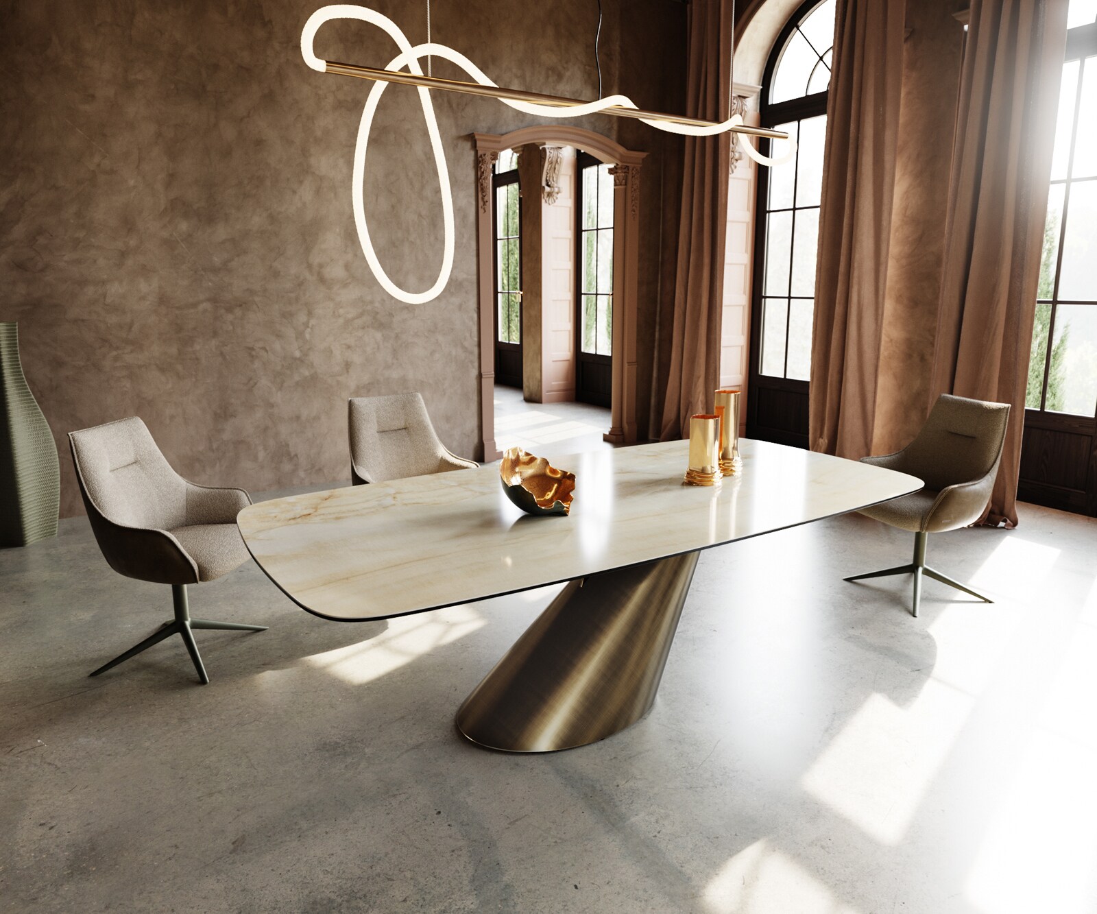 Eettafel Edge Boot 240x120 keramiek  Iris FMG Onice Oro Cono metaal goud