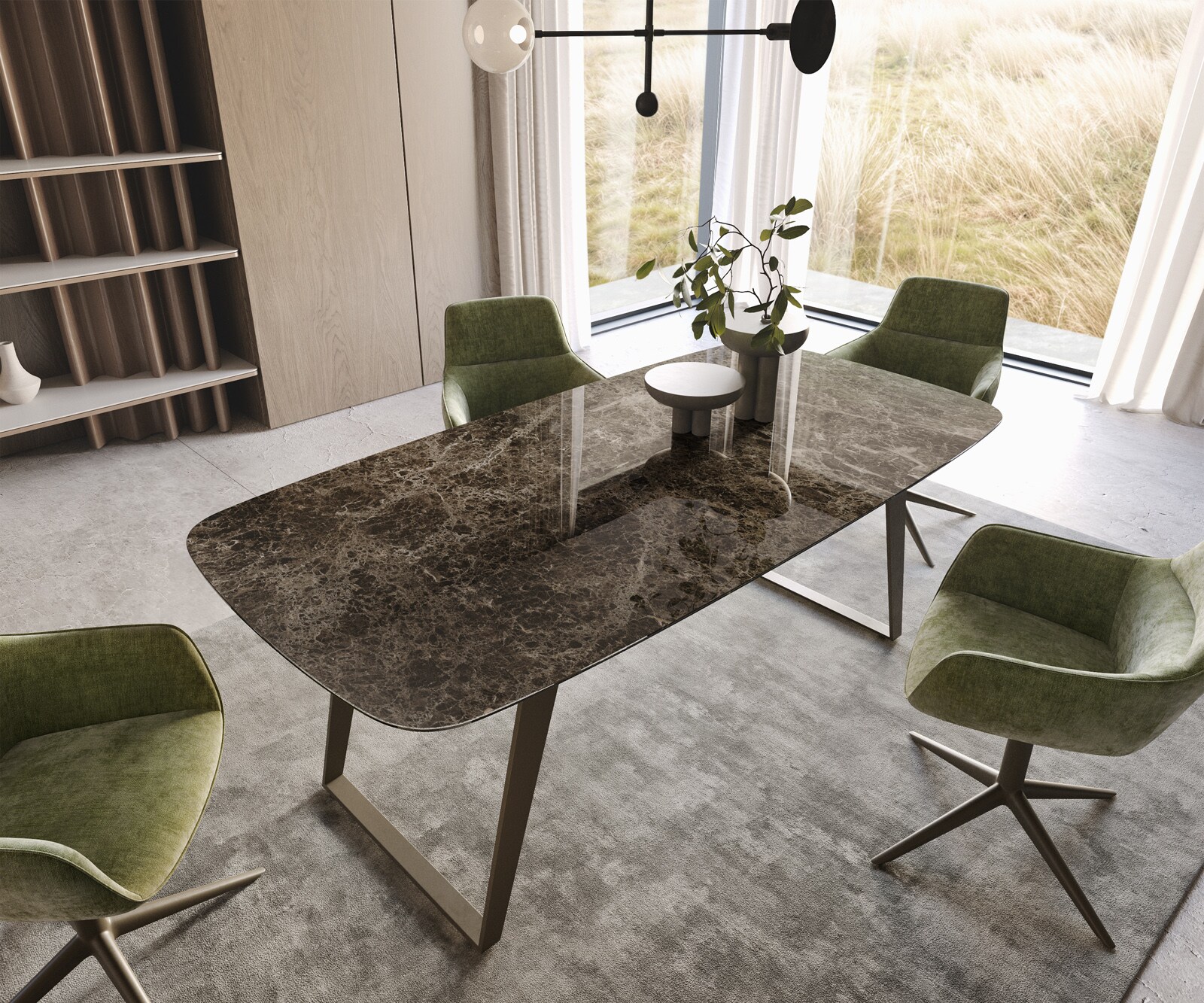 Eettafel Edge Boot Keramiek Emperador Extra Lucidato Donkerbruin 200x100 Metaal effectafwerking Titanium schuin 1