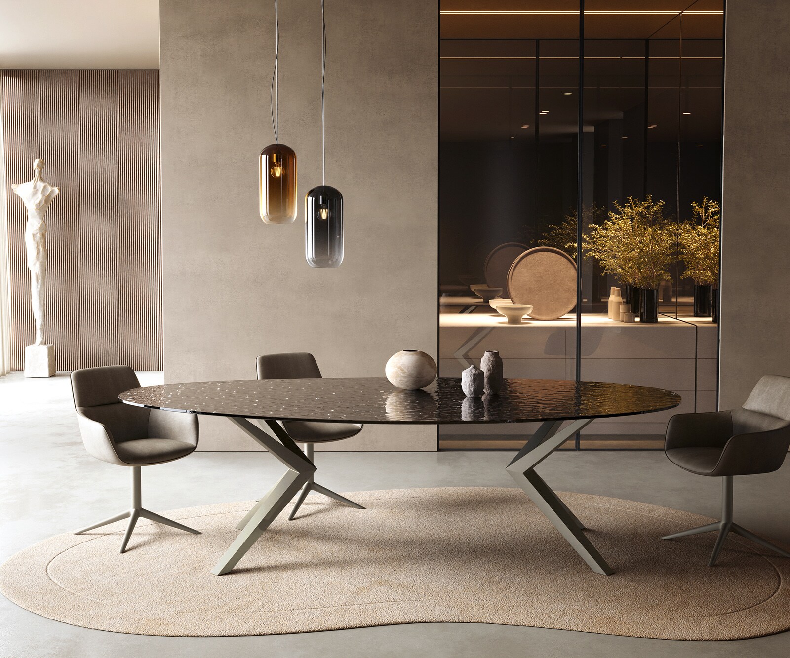 Eetkamertafel Edge ovaal 280x130 reliëfglas Rauchzwart 3D-Design Zenthara hoekig metaal effectafwerking titaan 2