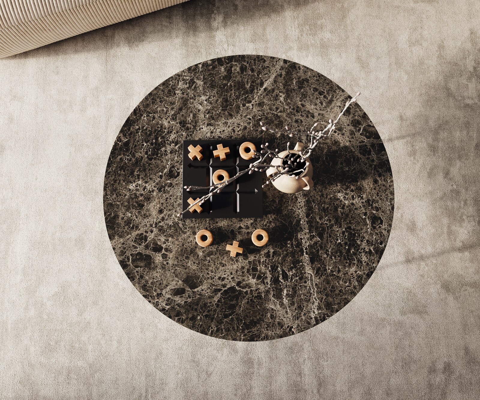 Salontafel Edge rond 90x90 cm keramiek Laminam® Emperador Extra Lucidato donkerbruin Trive zwart metaal 2