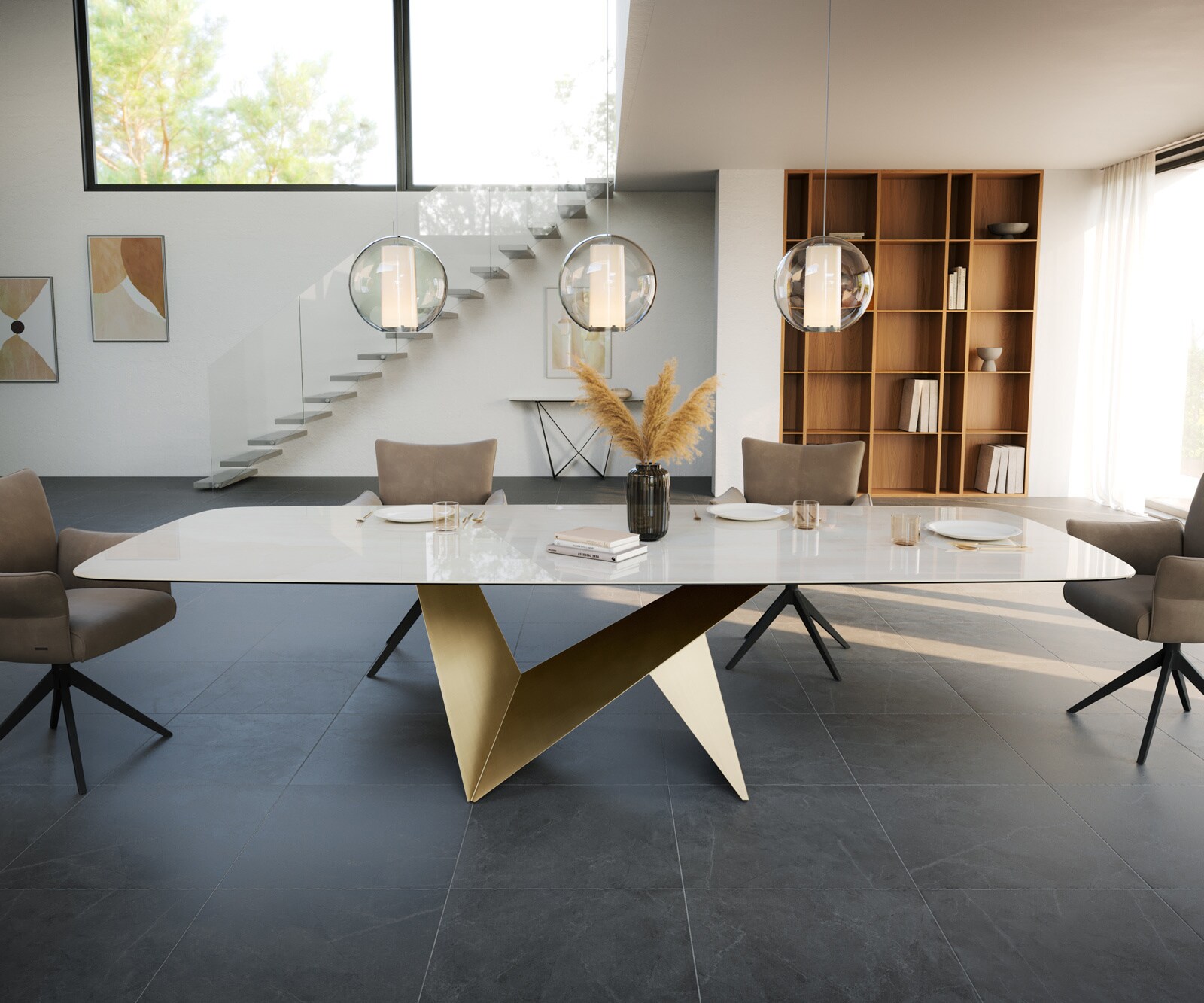 Eettafel Edge Boot 300x120 cm Keramiek Onyx Champagne Origami Metaalic Goud 1