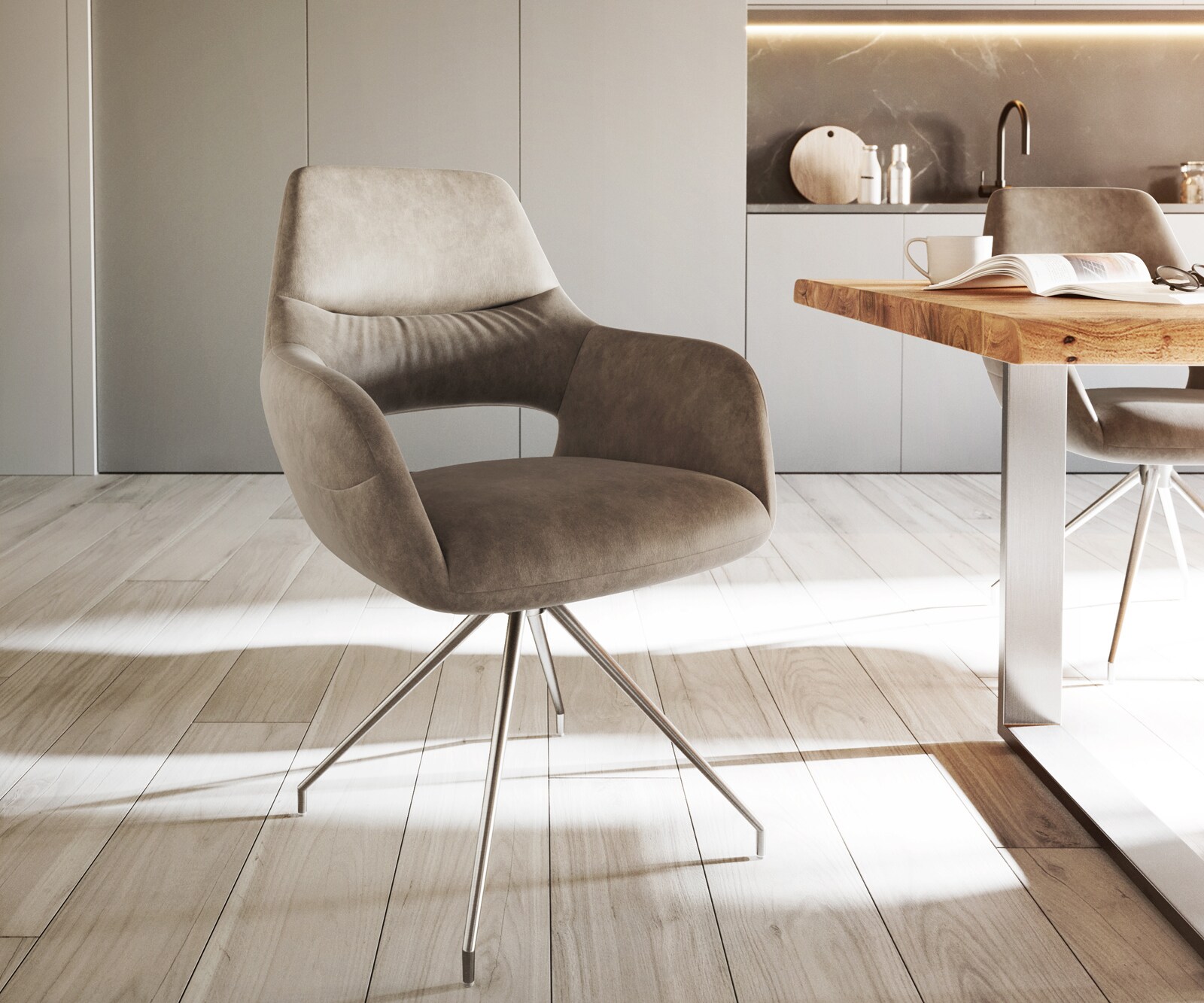 Eetkamerstoel Yago-Flex met armleuning microvelours taupe vintage kruisframe conisch roestvrij staal pocketveer kern