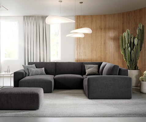 Woonlandschap Lanzo 300x210 cm microvezel zwart met variabele recamière en hocker