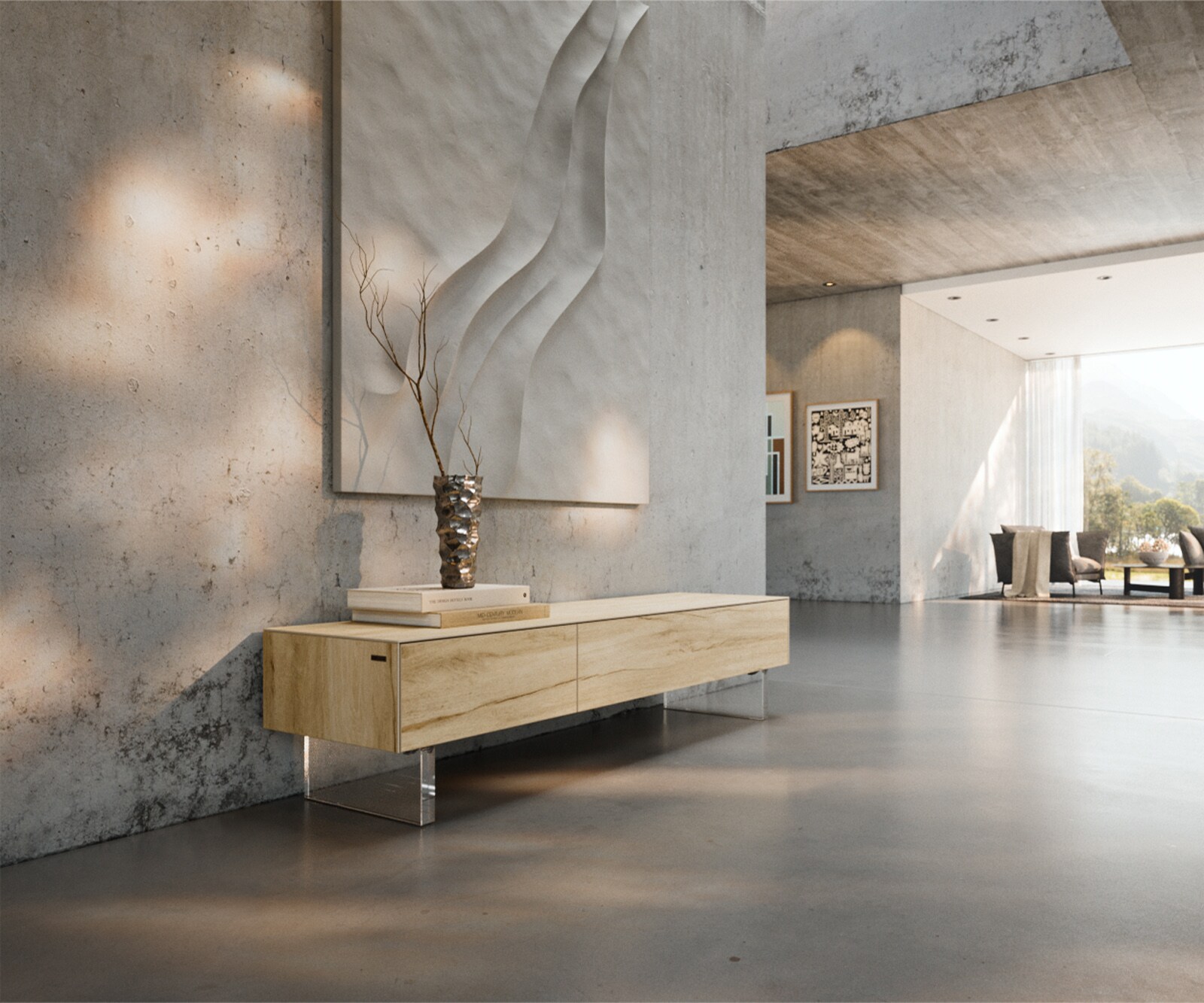Tv-meubel Cuor 150 cm Keramiek Laminam® Sabbia Eiken gekleurd 1 Flap 1 Lade Zwevende voet look Acrylglas