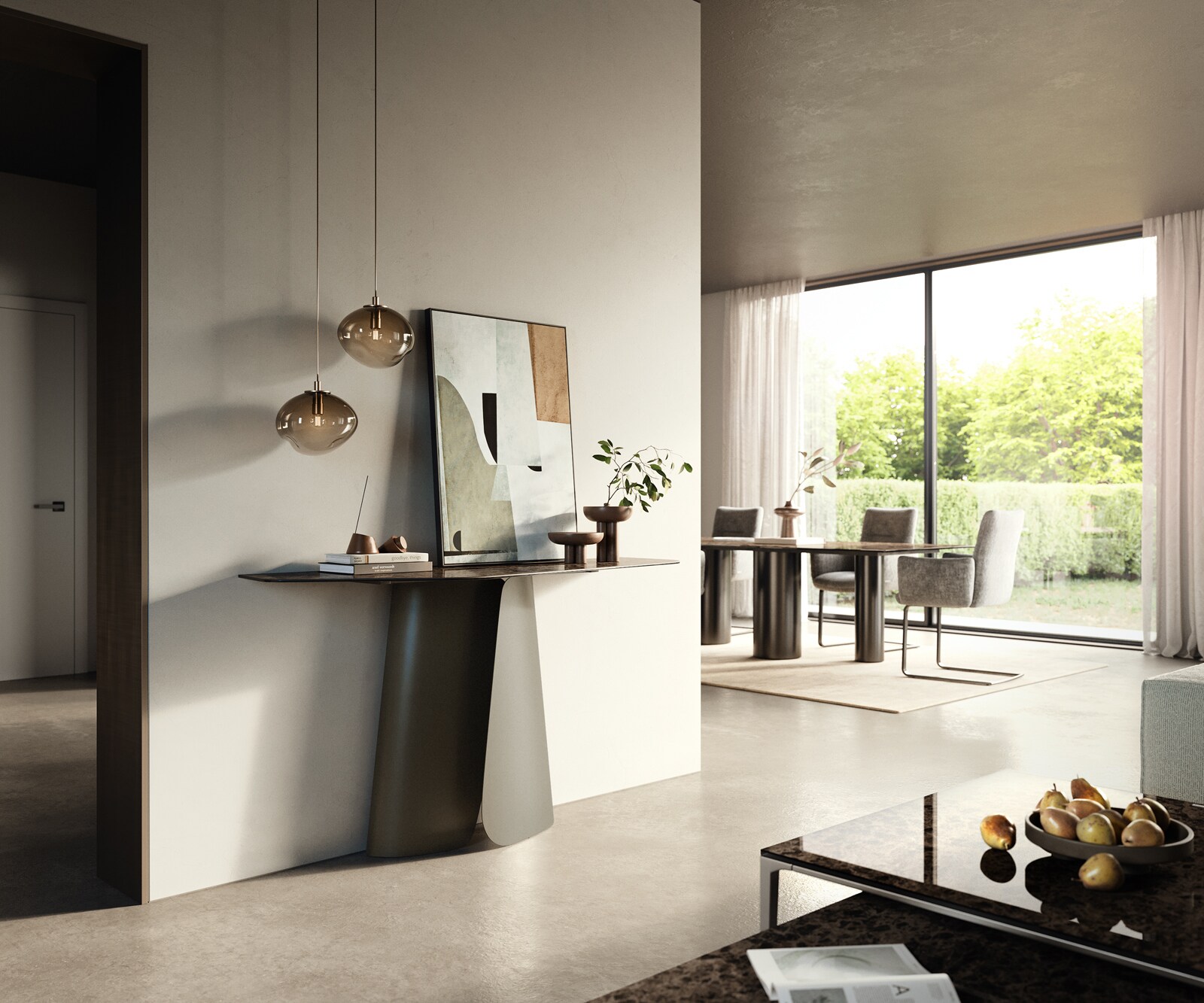 Consoletafel Edge Polygonaal 140x50 cm Keramiek Emperador Extra Lucidato Dunkelbraun Livos Metaal Effektfinish Titan 6