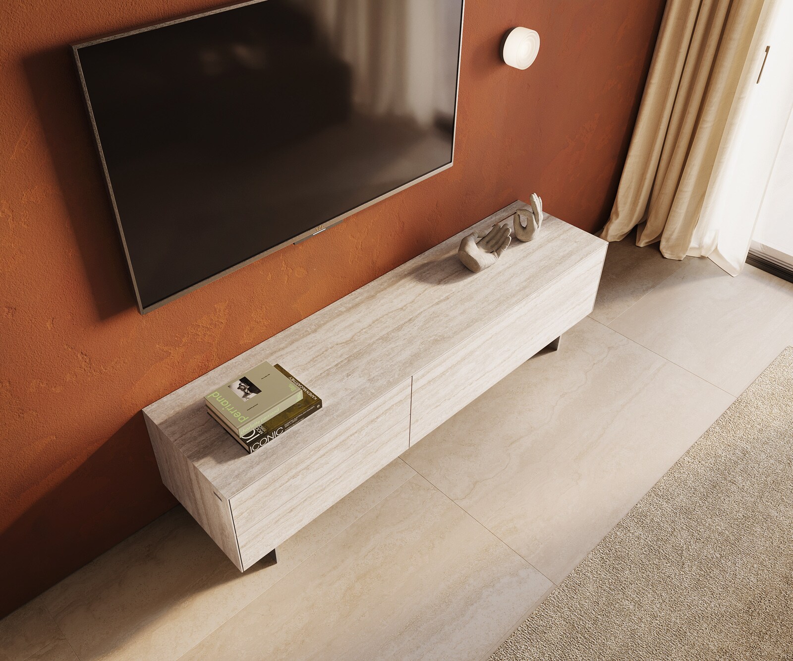 Tv-meubel Cuor 180 cm Keramiek Laminam® Travertino Bianco Crème-wit 1 Flap 2 Laden Zwevende voet look Roestvrij staal 4