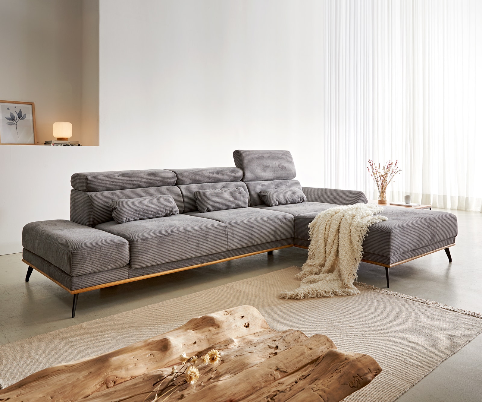 Hoekbank Evelio 320x200 Snoer steengrijs ottomane rechts elektrische zitdiepteverstelling