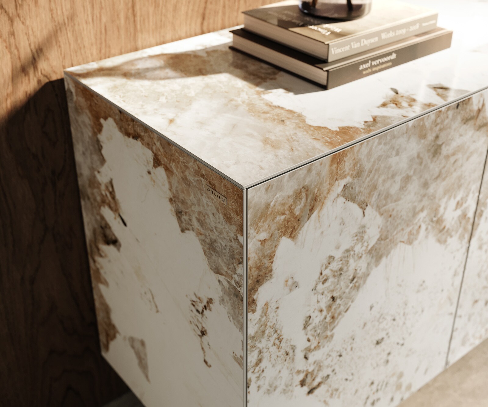 Dressoir Cuor 150 cm Keramiek Minas Melange Wit-beige 3 Deuren Zwevende voet look Acrylglas 5