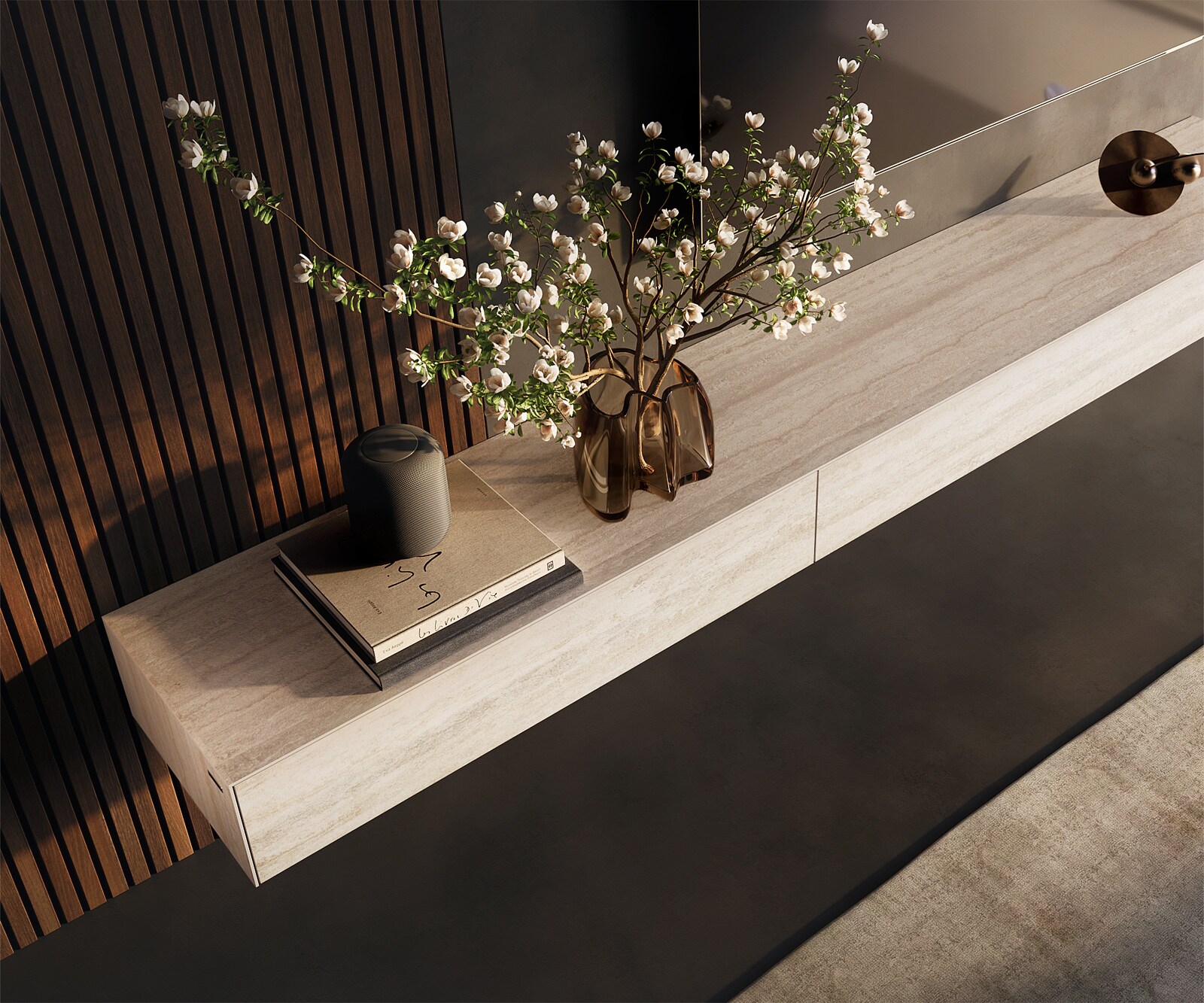 Tv-meubel Cuor 250 cm Keramiek Laminam® Travertino Bianco Crème-wit 1 Flap 1 Lade Zwevend 5