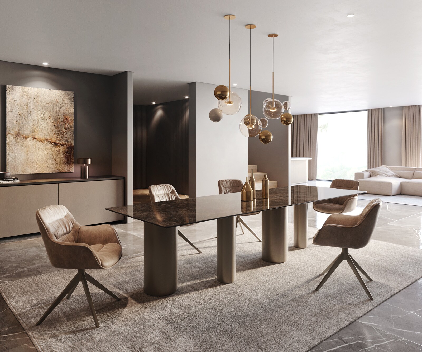 Eetkamertafel Edge 300x100 Laminam® Emperador Extra Lucidato donkerbruin Pilier metaal effectafwerking titaan 6
