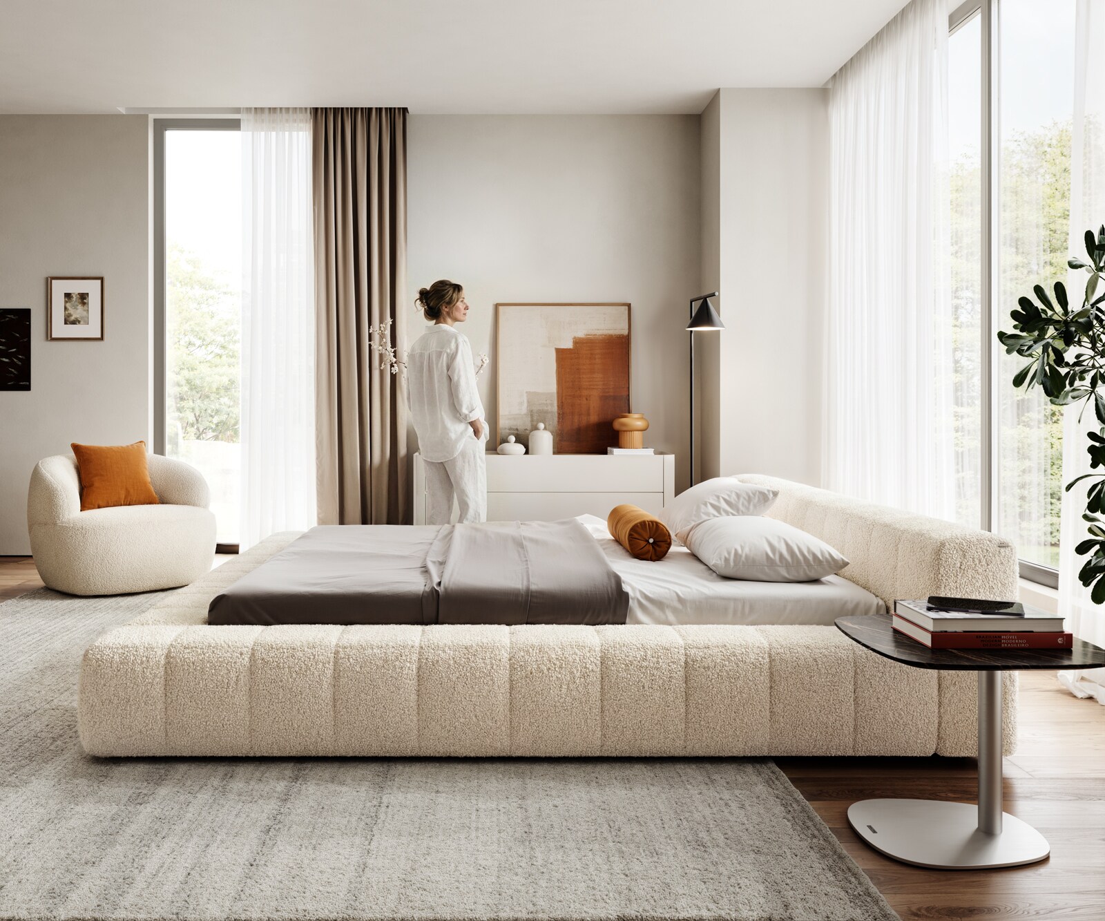 Gestoffeerd bedframe Espazio 180x200 cm Teddystof Beige 3