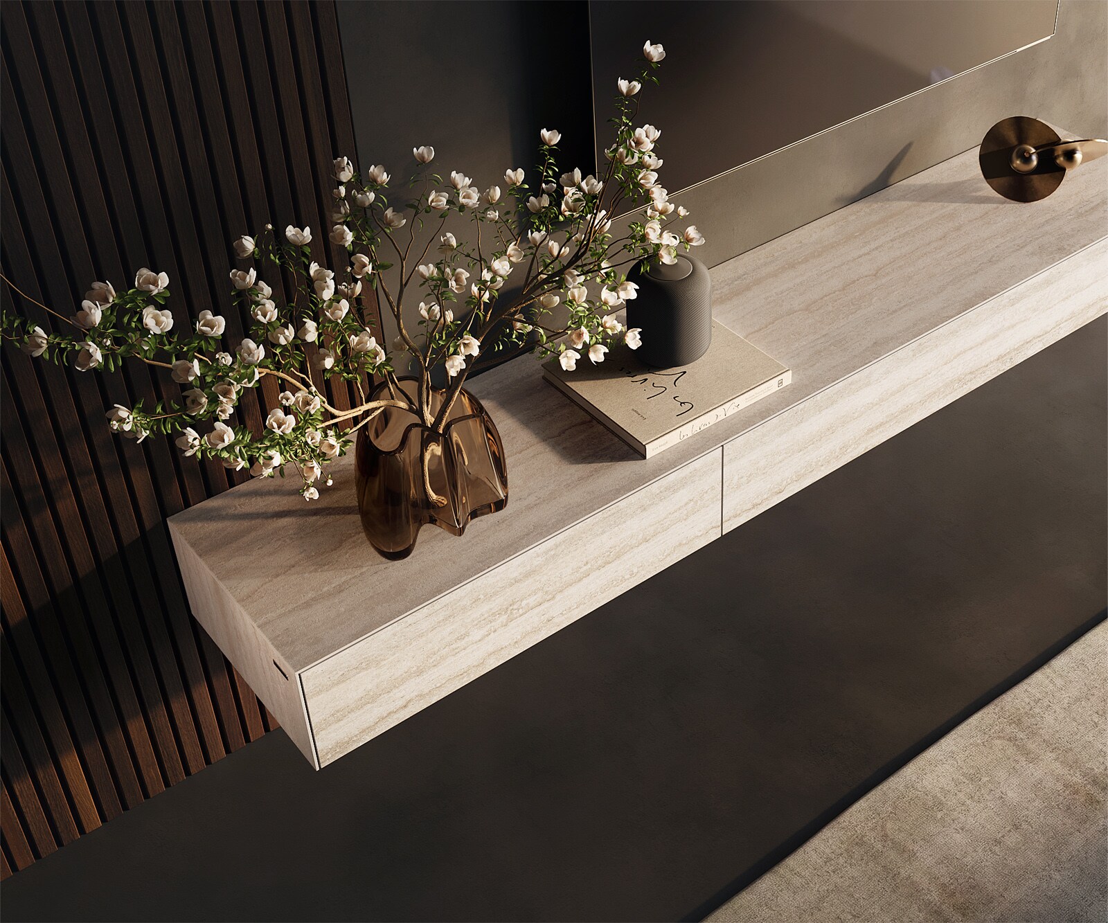 Tv-meubel Cuor 200 cm Keramiek Laminam® Travertino Bianco Crème-wit 1 Flap 1 Lade Zwevend 3