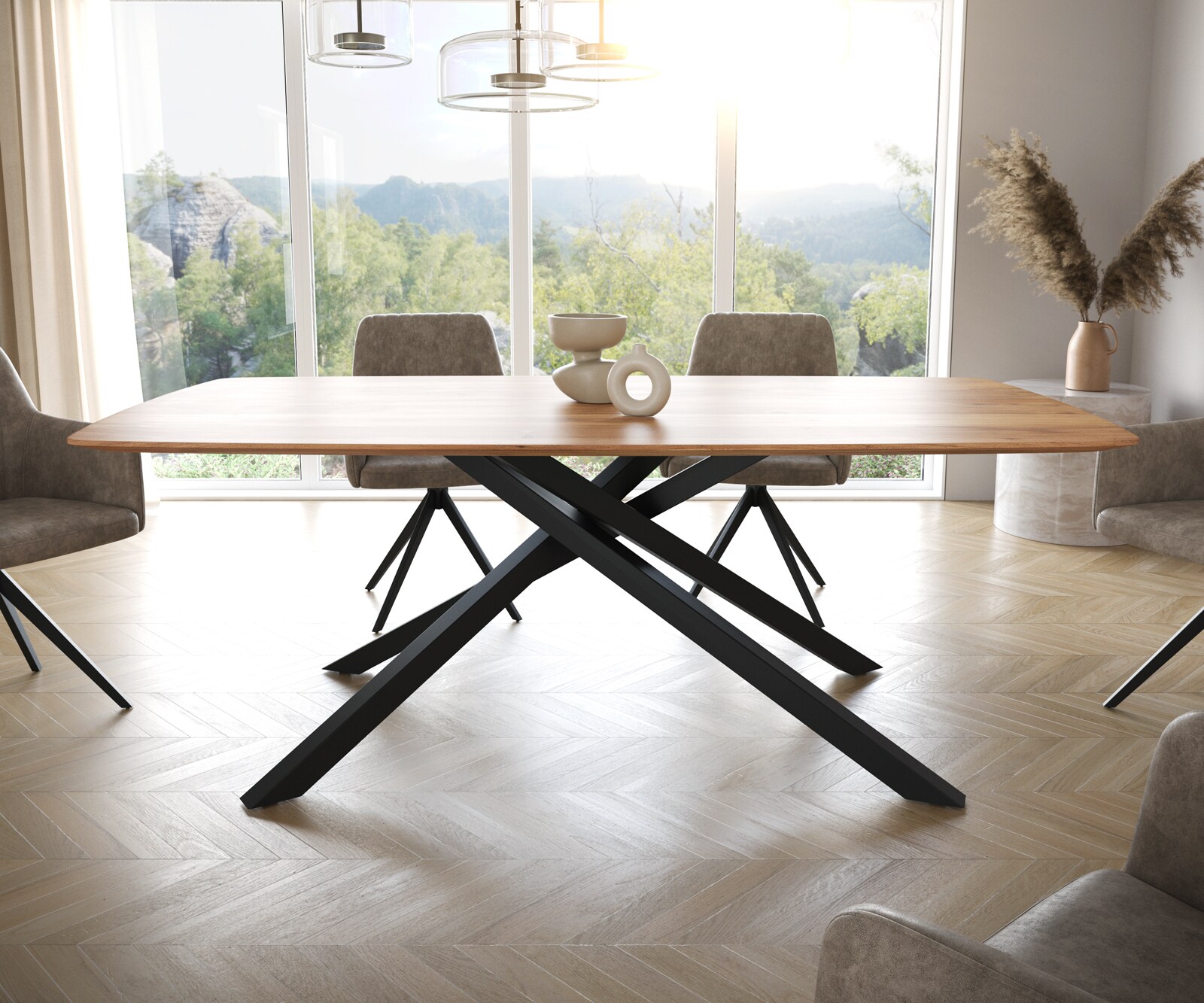 Eettafel Edge Boot 200x100 acacia natuur kruisframe rechthoek zwart  Schweizer Kante 2
